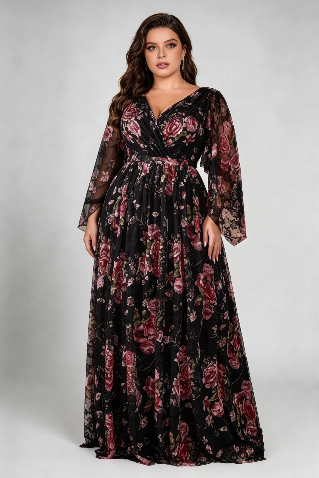 Plus Size V-Neck Floral Mesh Maxi Dress - Elegant Long Bell Sleeve Evening Gown
