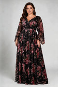 Plus Size V-Neck Floral Mesh Maxi Dress - Elegant Long Bell Sleeve Evening Gown