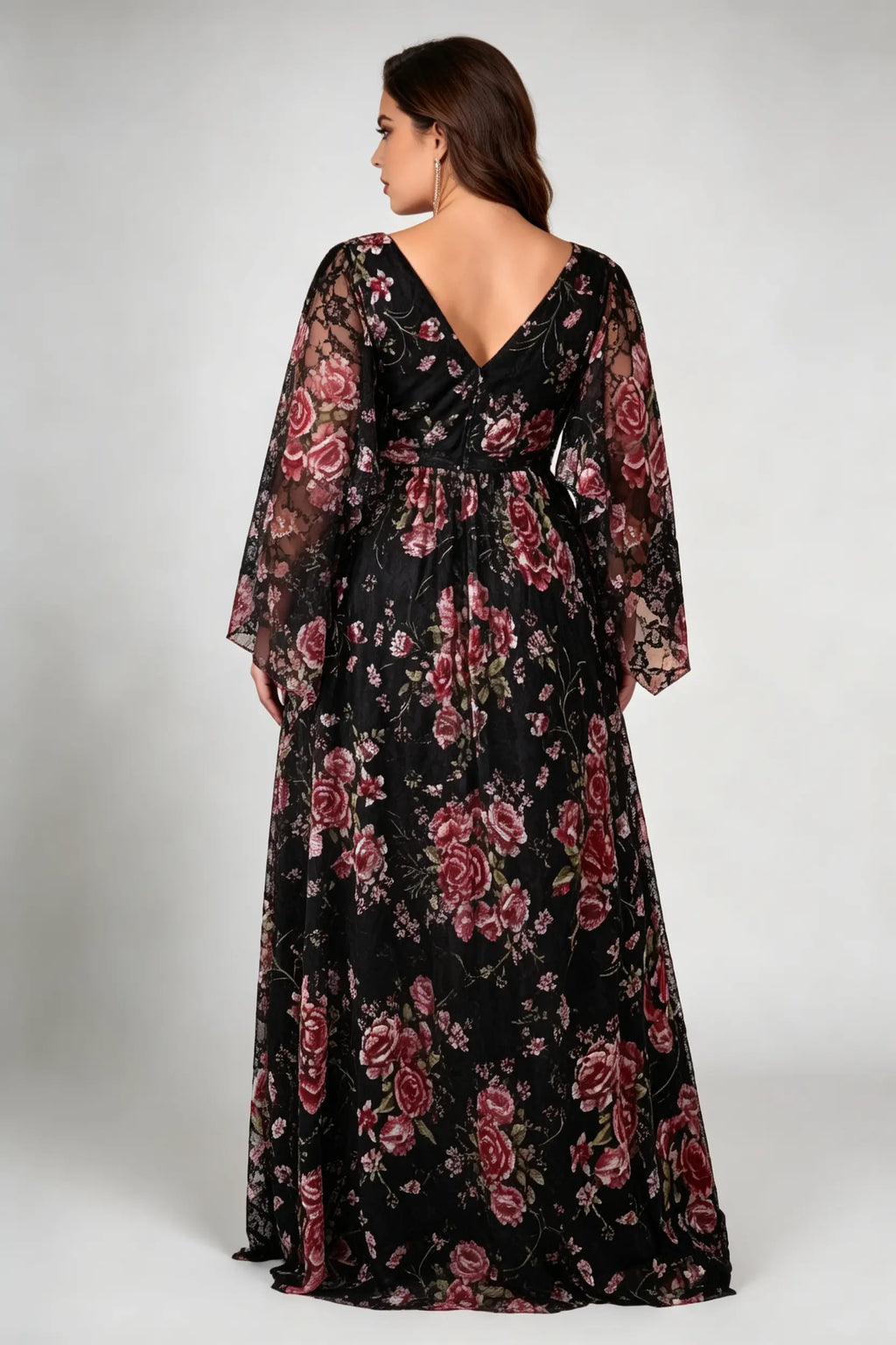 Plus Size V-Neck Floral Mesh Maxi Dress - Elegant Long Bell Sleeve Evening Gown