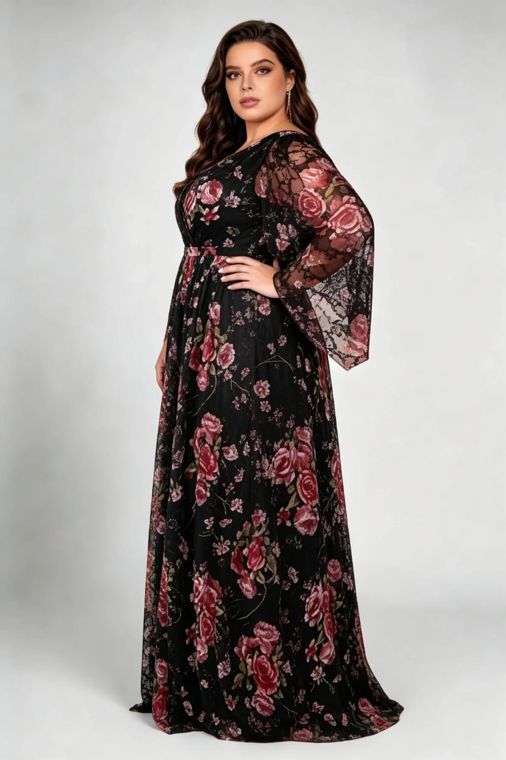 Plus Size V-Neck Floral Mesh Maxi Dress - Elegant Long Bell Sleeve Evening Gown