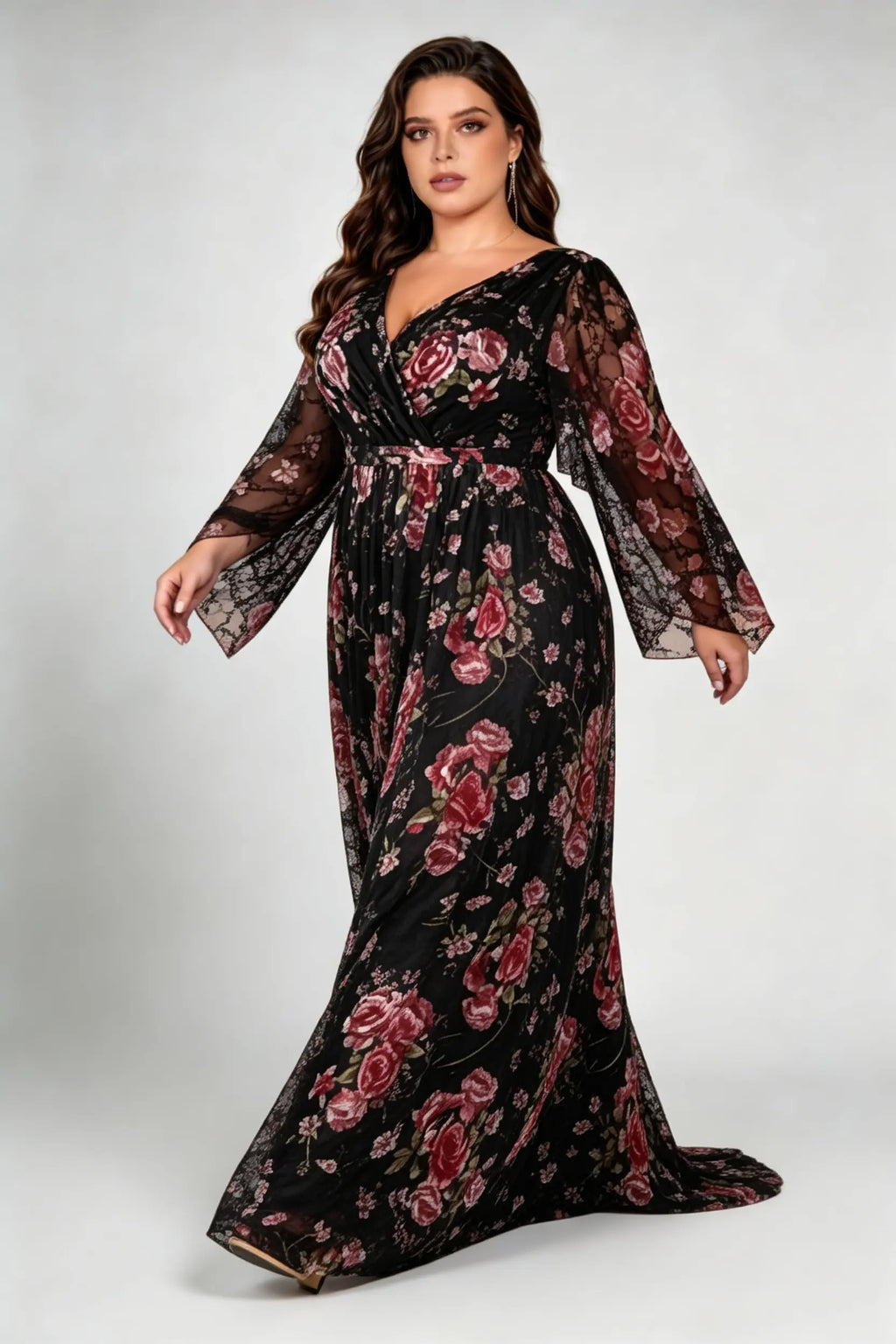 Plus Size V-Neck Floral Mesh Maxi Dress - Elegant Long Bell Sleeve Evening Gown