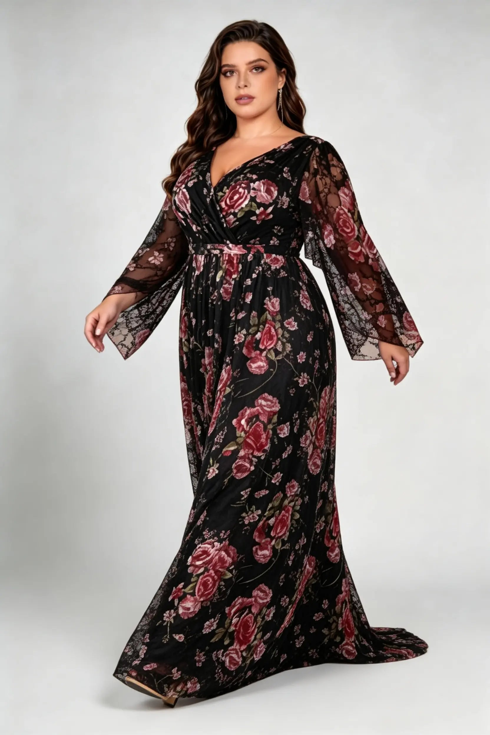 Plus Size V-Neck Floral Mesh Maxi Dress - Elegant Long Bell Sleeve Evening Gown