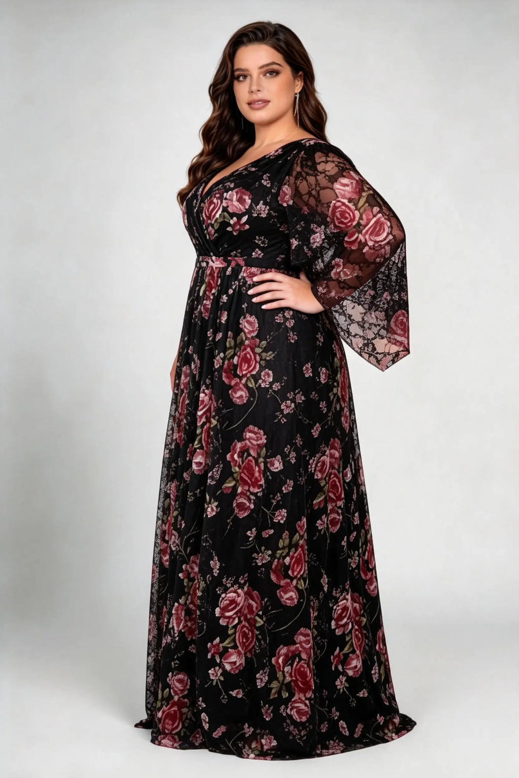 Plus Size V-Neck Floral Mesh Maxi Dress - Elegant Long Bell Sleeve Evening Gown