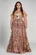 Plus Size Off-The-Shoulder Sequin Floral Gown - Elegant Rose Gold Mesh Evening Dress