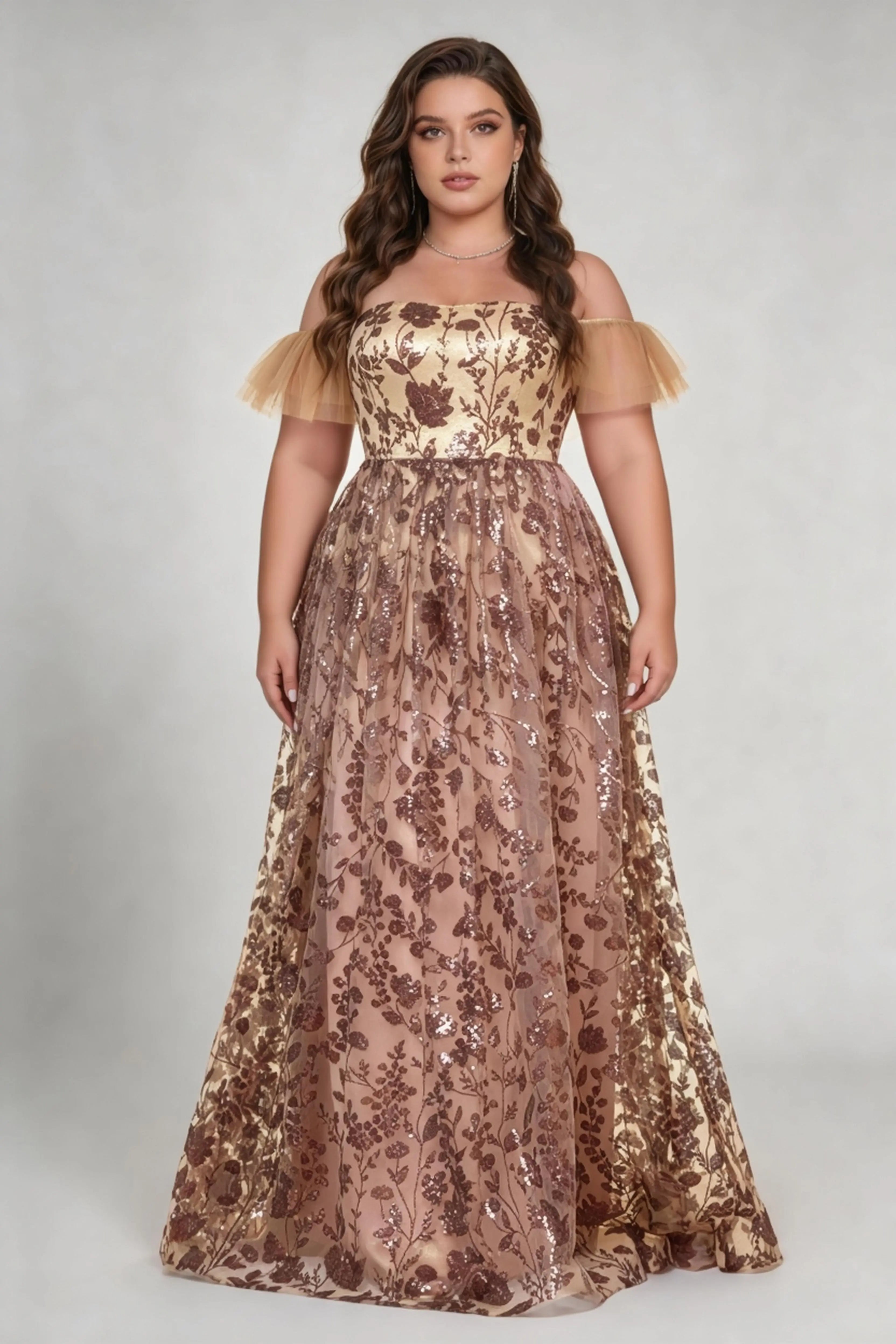Plus Size Off-The-Shoulder Sequin Floral Gown - Elegant Rose Gold Mesh Evening Dress