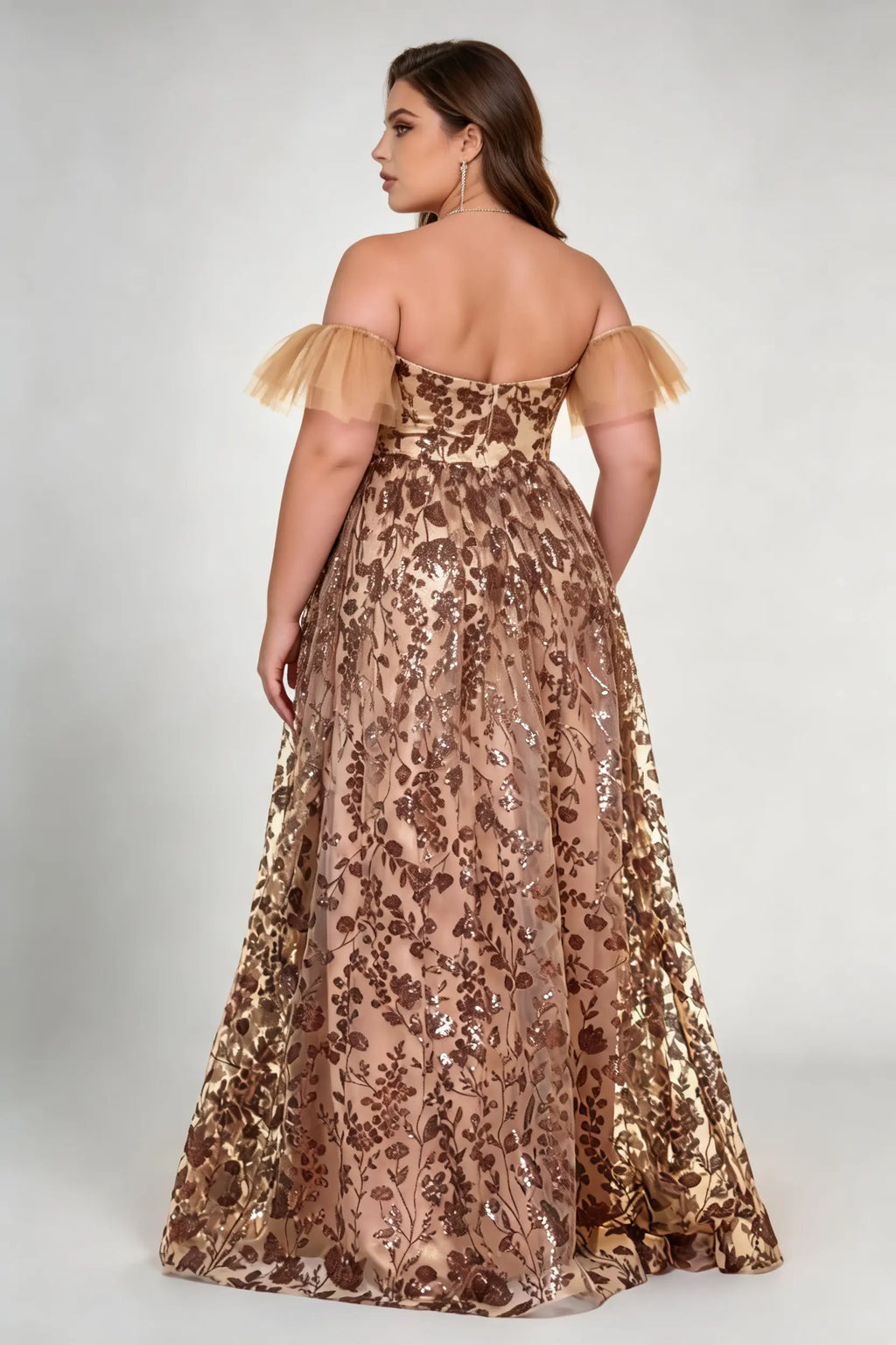 Plus Size Off-The-Shoulder Sequin Floral Gown - Elegant Rose Gold Mesh Evening Dress