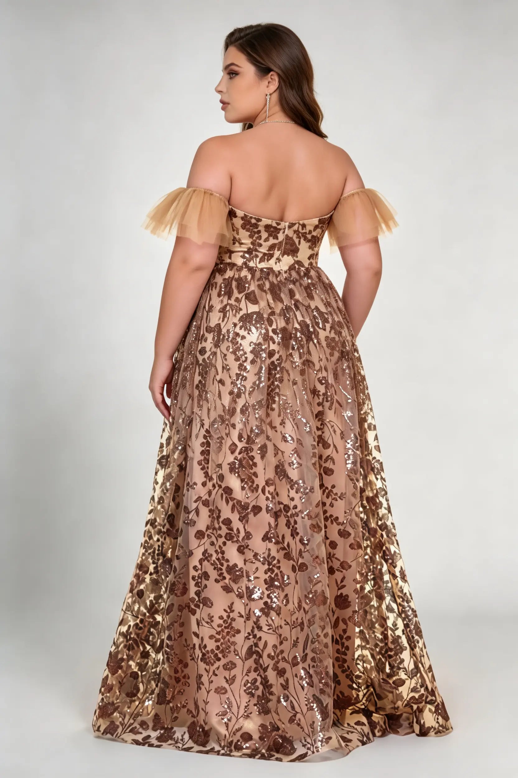 Plus Size Off-The-Shoulder Sequin Floral Gown - Elegant Rose Gold Mesh Evening Dress