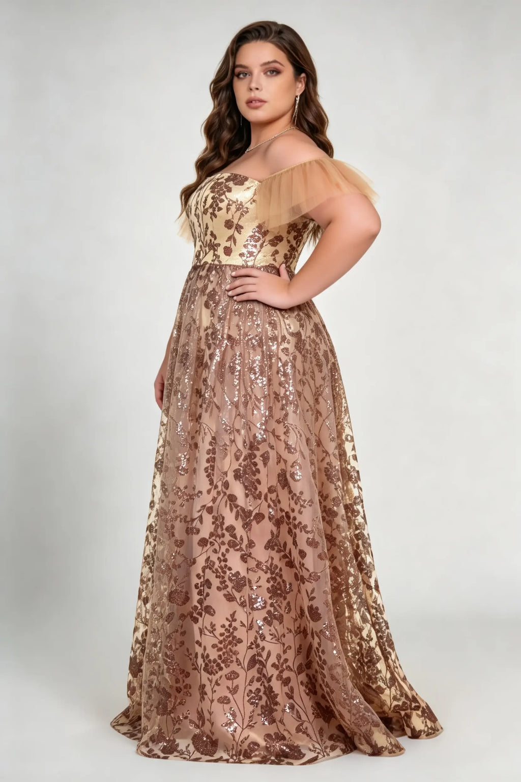 Plus Size Off-The-Shoulder Sequin Floral Gown - Elegant Rose Gold Mesh Evening Dress
