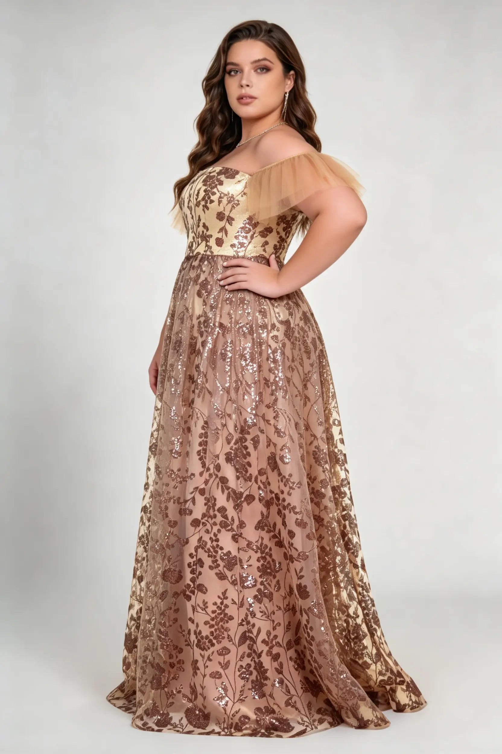 Plus Size Off-The-Shoulder Sequin Floral Gown - Elegant Rose Gold Mesh Evening Dress