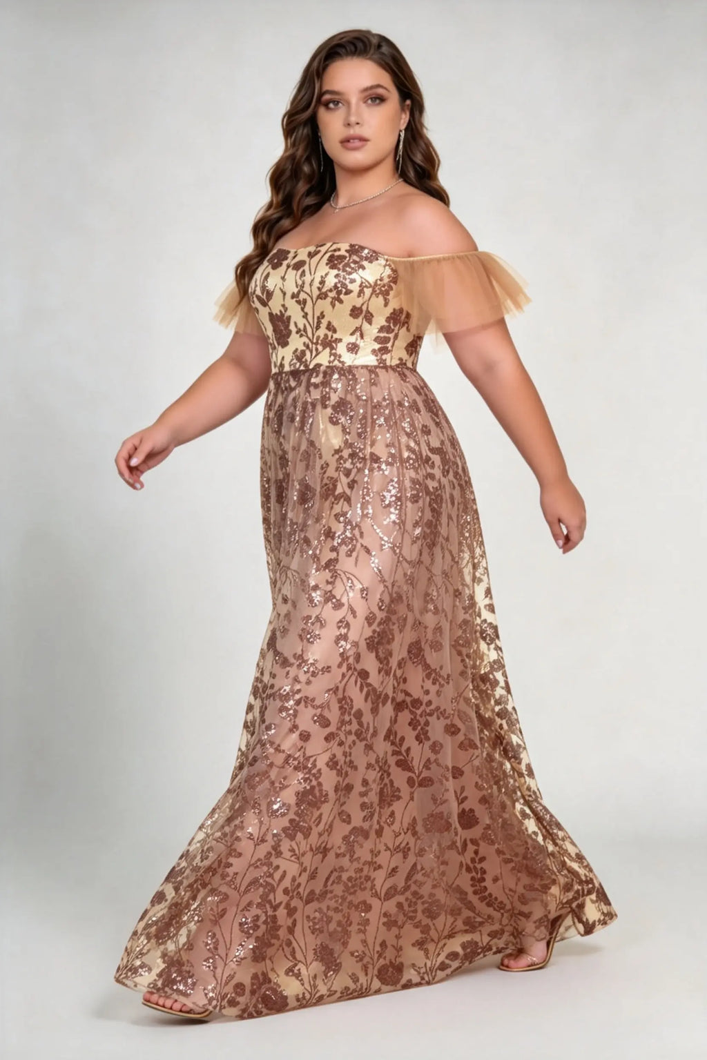 Plus Size Off-The-Shoulder Sequin Floral Gown - Elegant Rose Gold Mesh Evening Dress