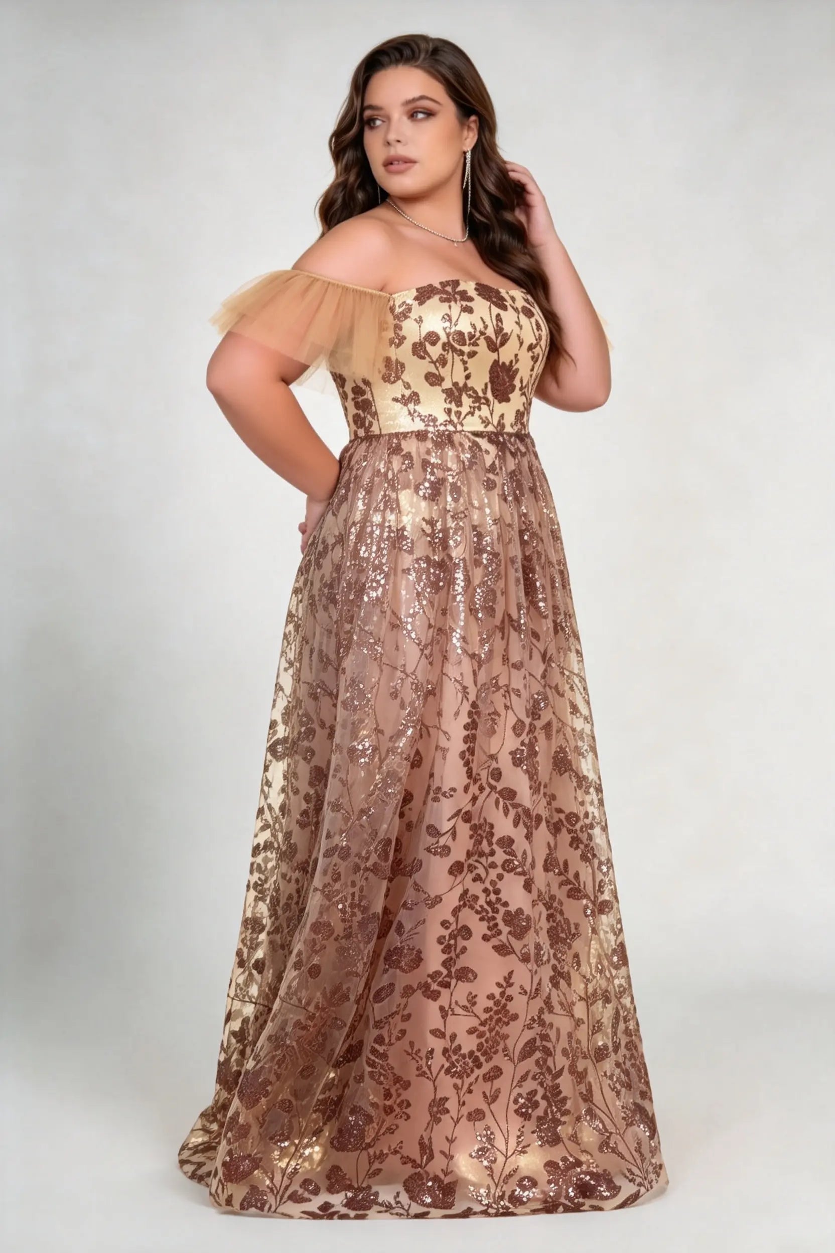 Plus Size Off-The-Shoulder Sequin Floral Gown - Elegant Rose Gold Mesh Evening Dress