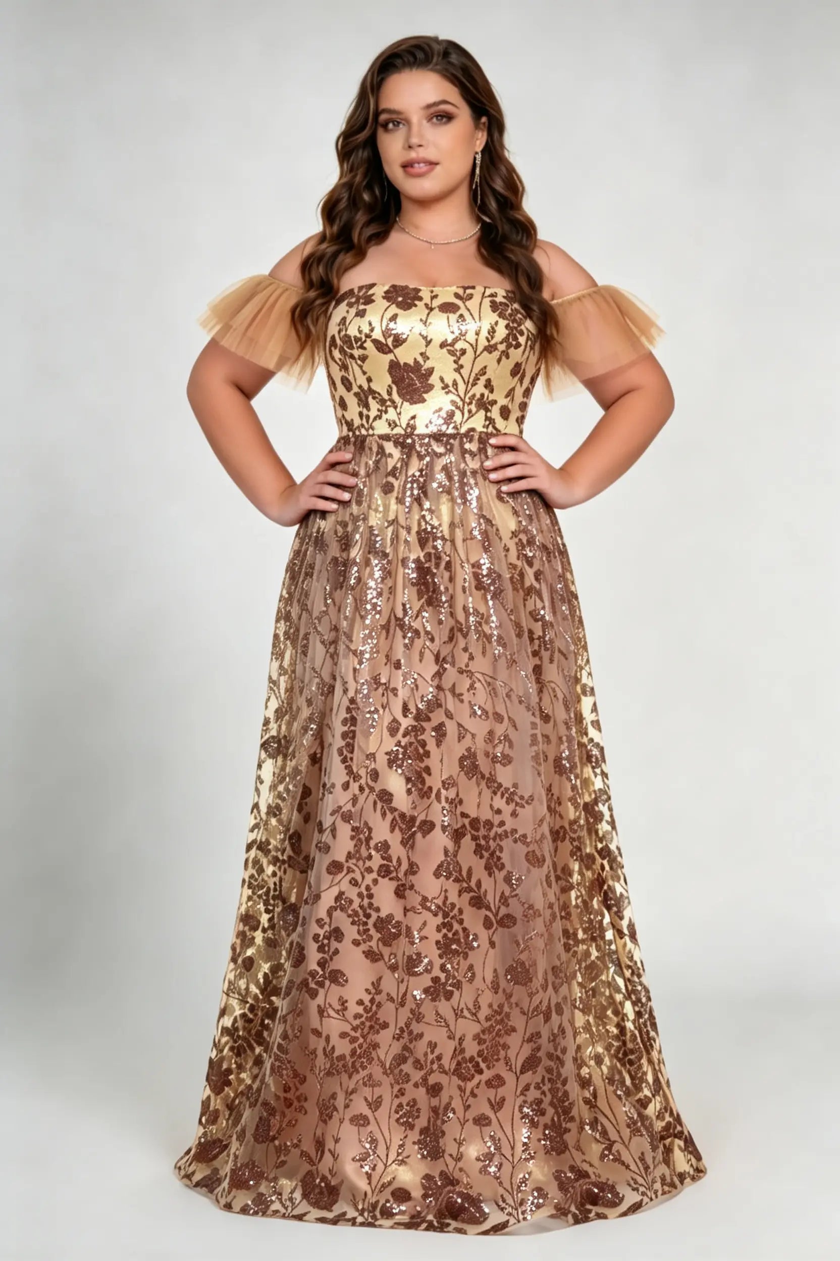 Plus Size Off-The-Shoulder Sequin Floral Gown - Elegant Rose Gold Mesh Evening Dress