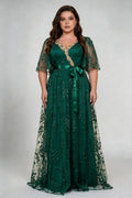 Plus Size V-Neck Lace Maxi Dress - Elegant Emerald Green Gown with Flutter Sleeves