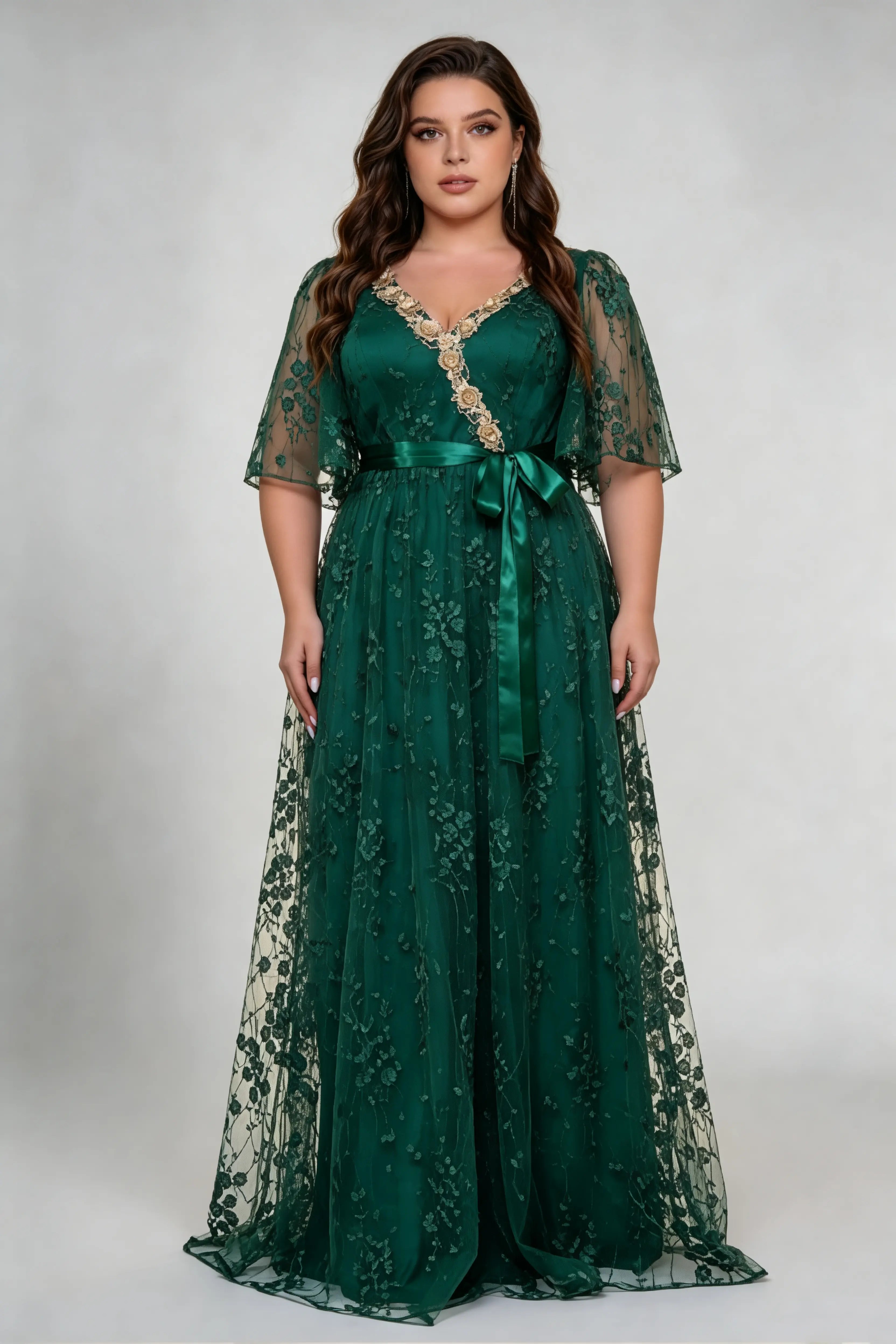 Plus Size V-Neck Lace Maxi Dress - Elegant Emerald Green Gown with Flutter Sleeves