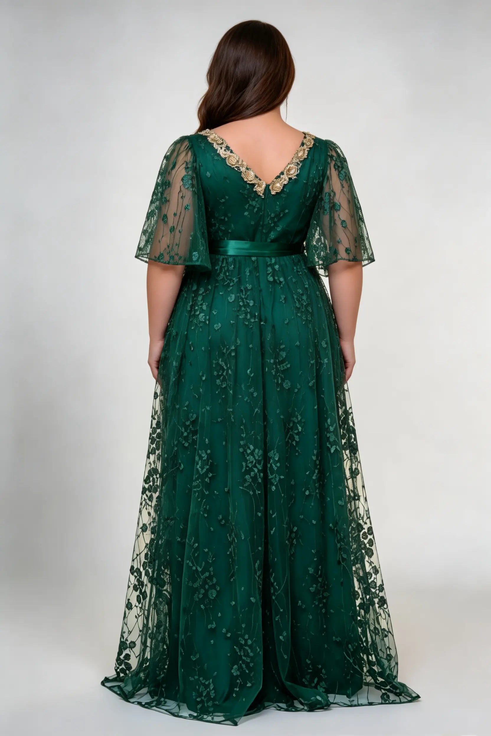 Plus Size V-Neck Lace Maxi Dress - Elegant Emerald Green Gown with Flutter Sleeves