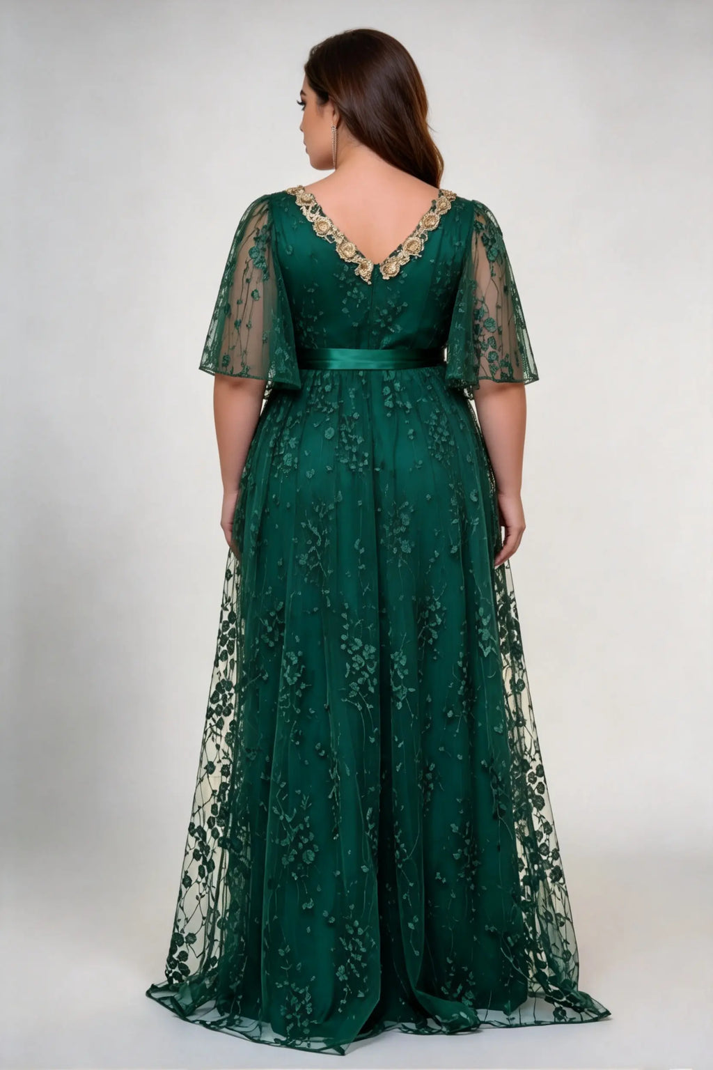 Plus Size V-Neck Lace Maxi Dress - Elegant Emerald Green Gown with Flutter Sleeves