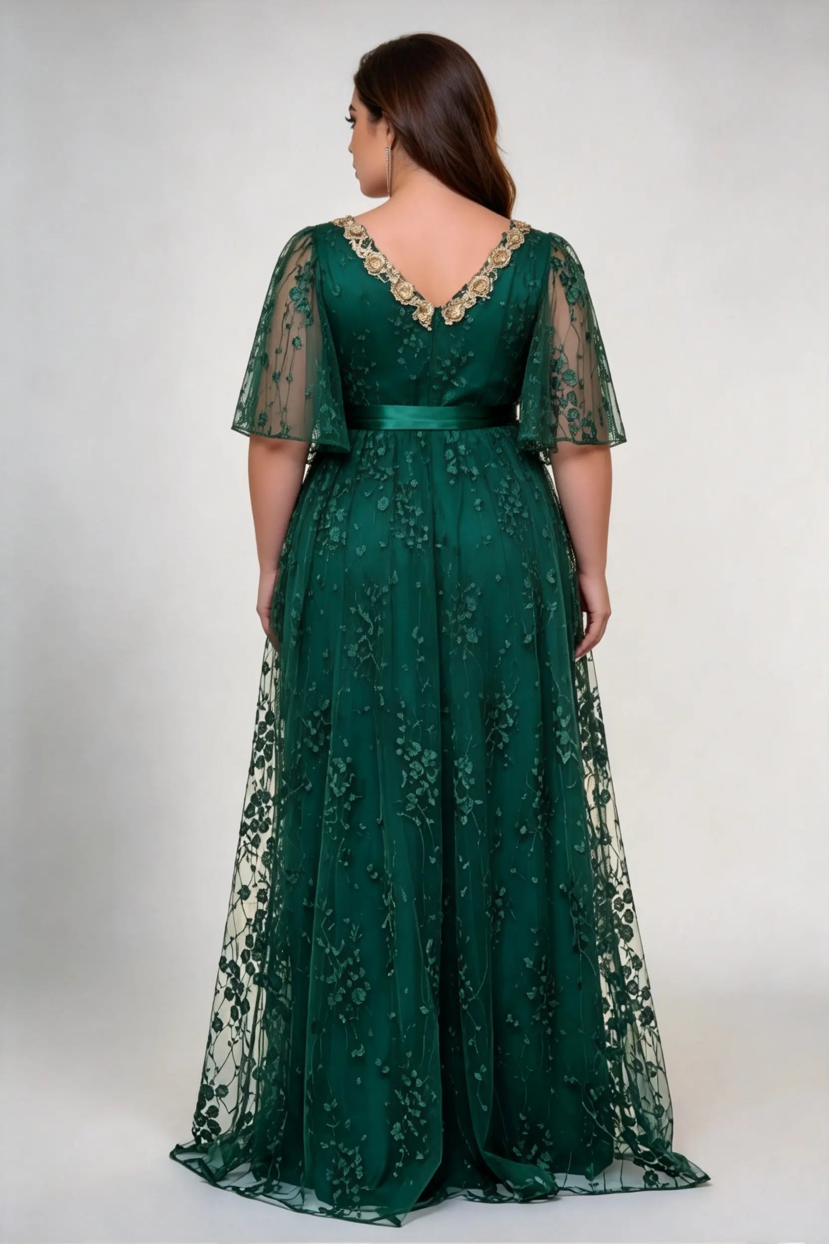 Plus Size V-Neck Lace Maxi Dress - Elegant Emerald Green Gown with Flutter Sleeves