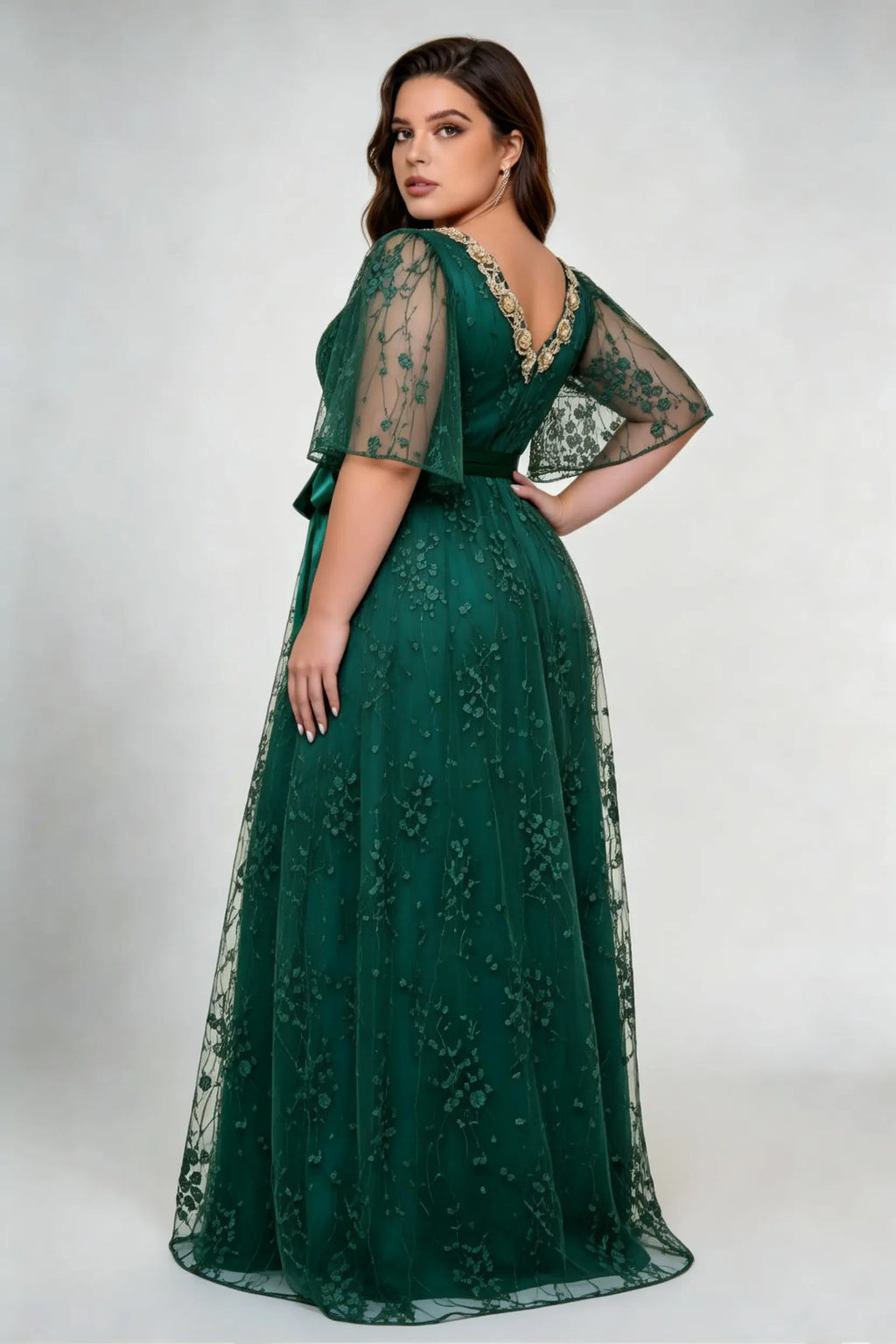 Plus Size V-Neck Lace Maxi Dress - Elegant Emerald Green Gown with Flutter Sleeves