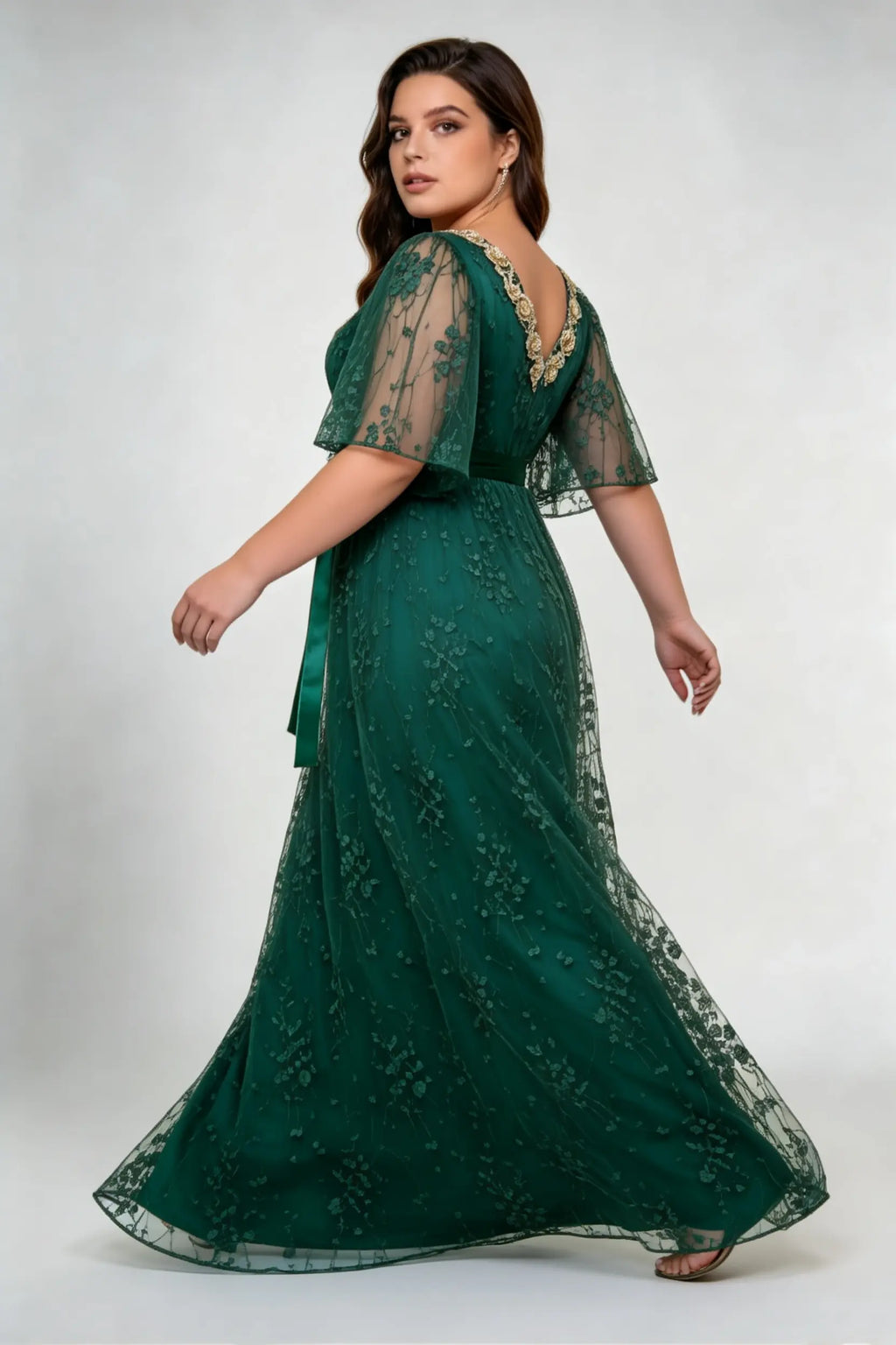 Plus Size V-Neck Lace Maxi Dress - Elegant Emerald Green Gown with Flutter Sleeves