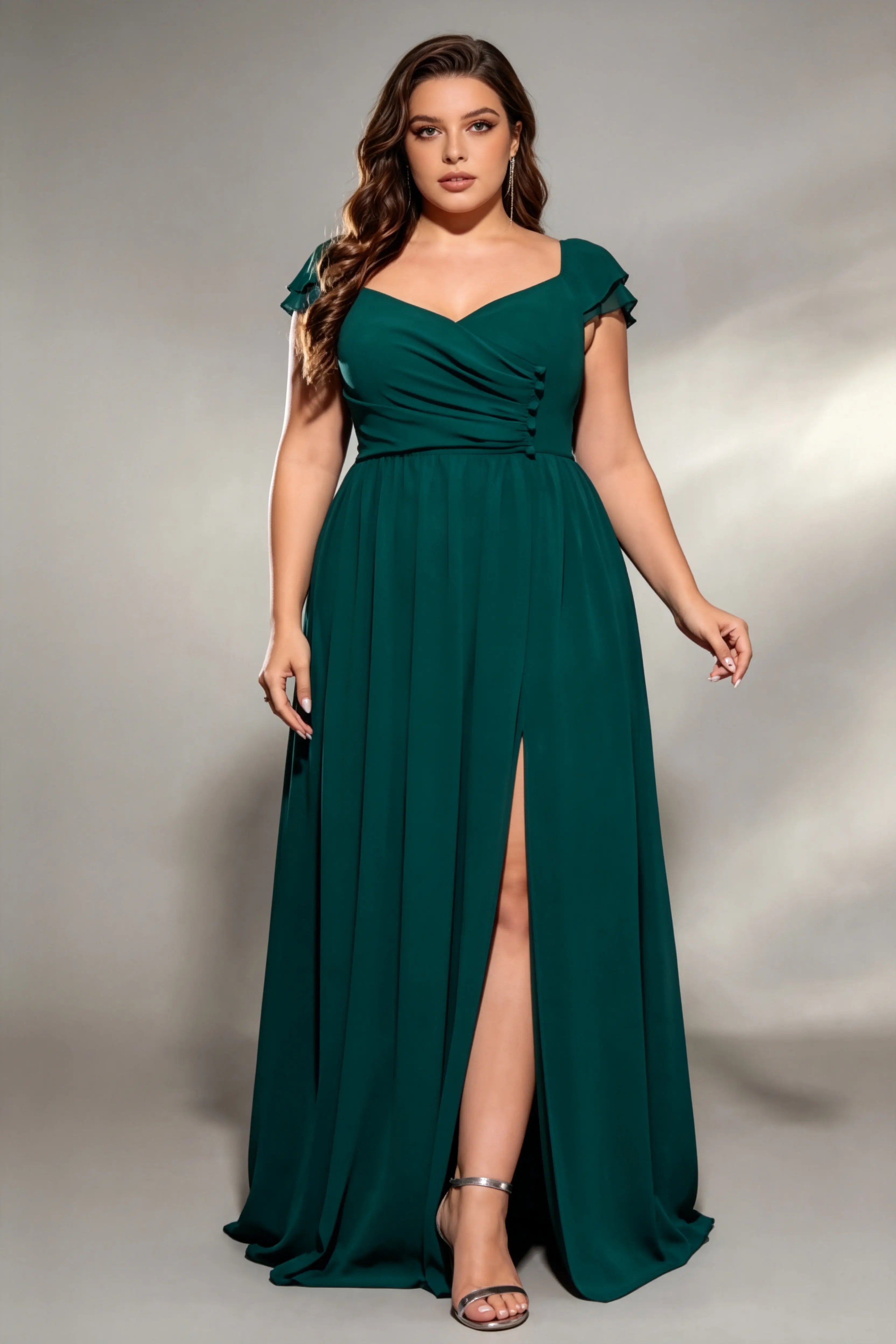Plus Size Emerald Green Chiffon Maxi Dress with Slit (XL-4XL)