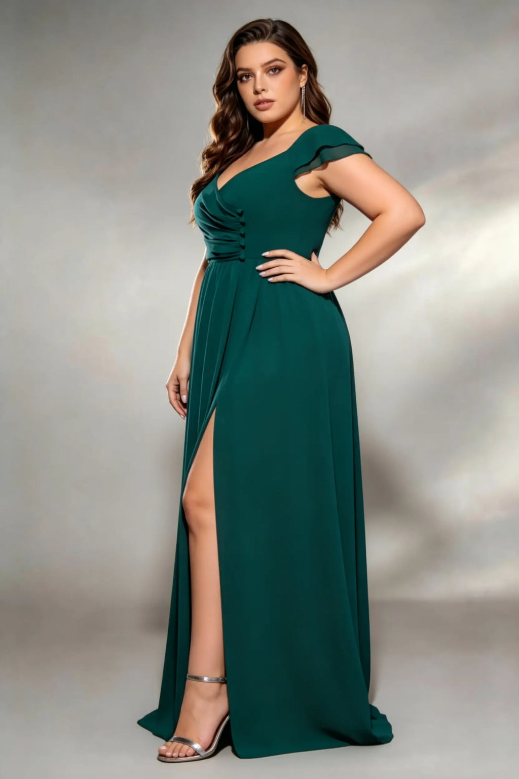 Curvy model wearing plus size dark-green sweetheart ruched maxi dress - elegant emerald green chiffon gown with thigh slit