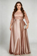 Curvy model wearing plus size sequin mesh boat neck evening gown - elegant rose gold satin a-line maxi dress
