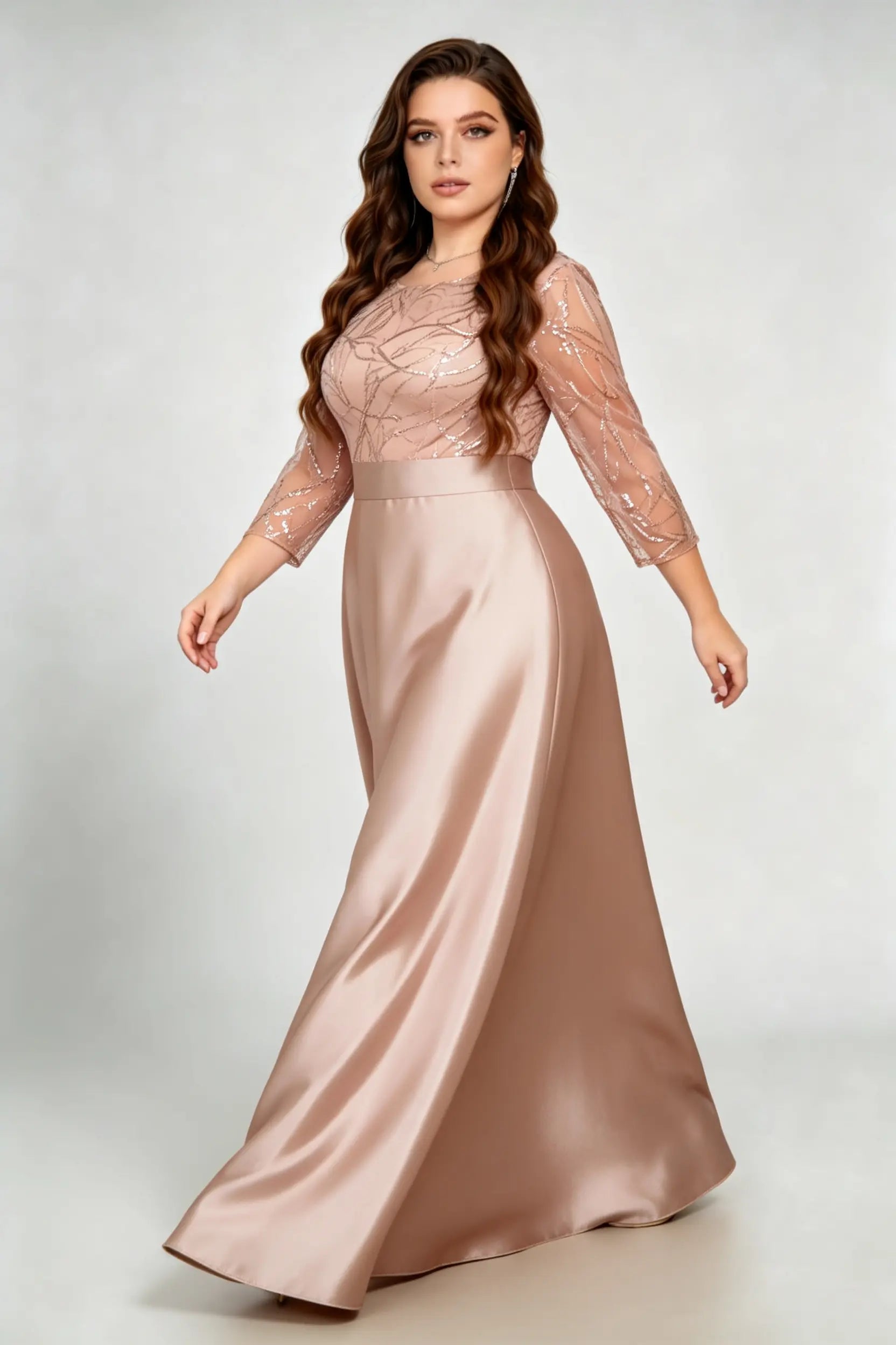 Curvy model wearing plus size sequin mesh boat neck evening gown - elegant rose gold satin a-line maxi dress
