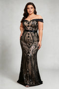 Curvy model wearing plus size cream off-the-shoulder satin wedding gown - minimalist white a-line bridal dress