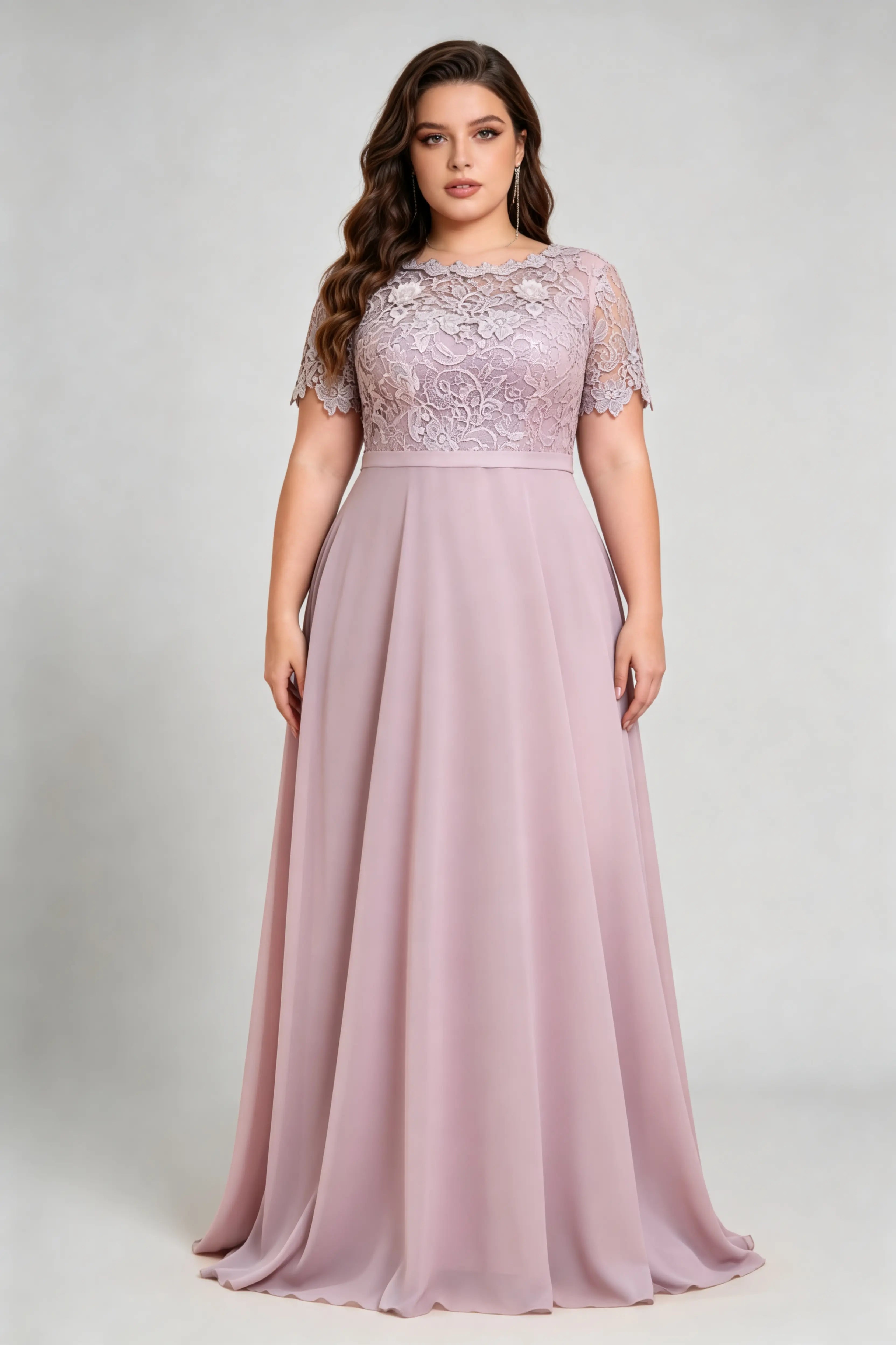 Curvy model wearing plus size purple elegant lace floral chiffon evening gown – mauve a-line formal dress