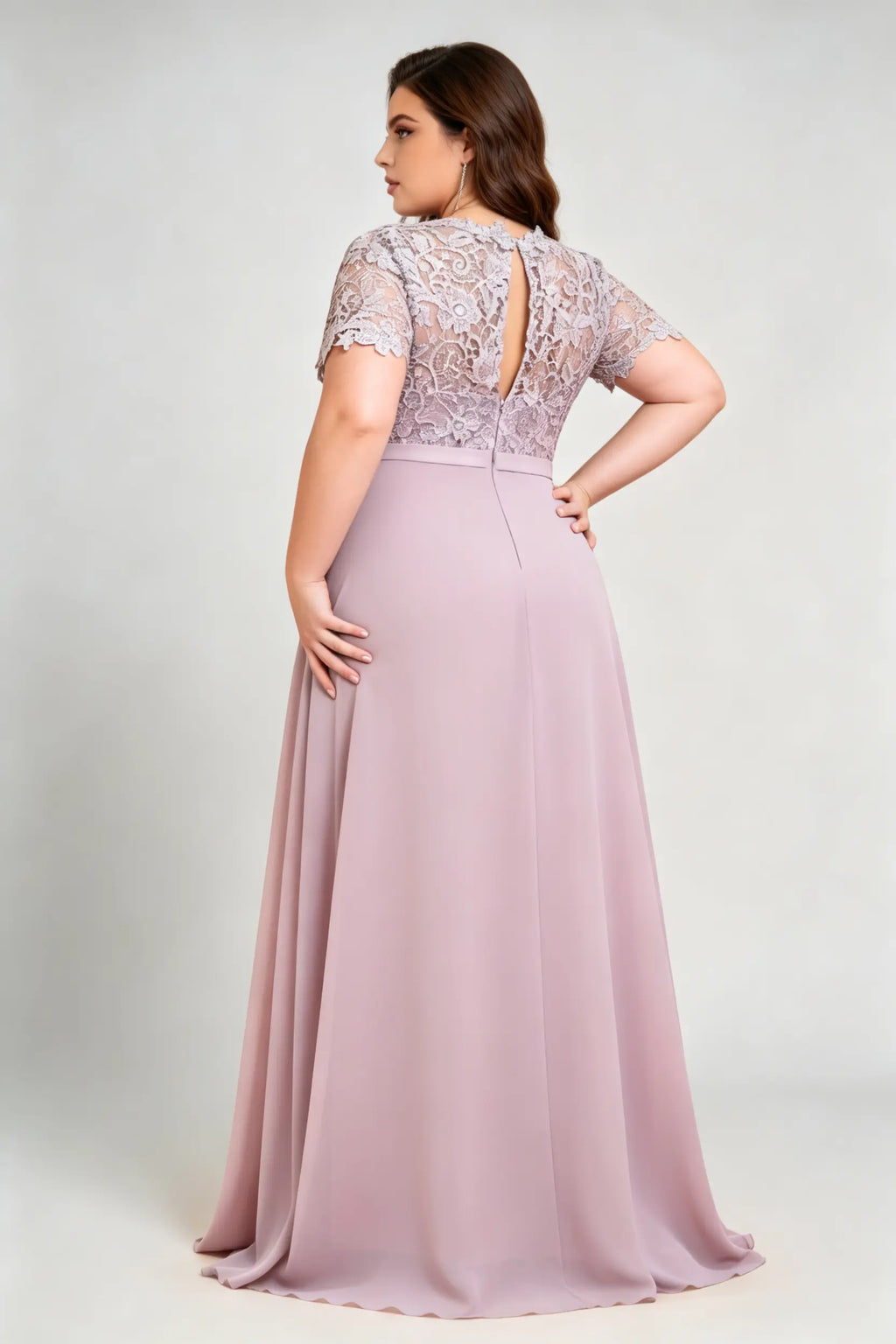 Curvy model wearing plus size purple elegant lace floral chiffon evening gown – mauve a-line formal dress