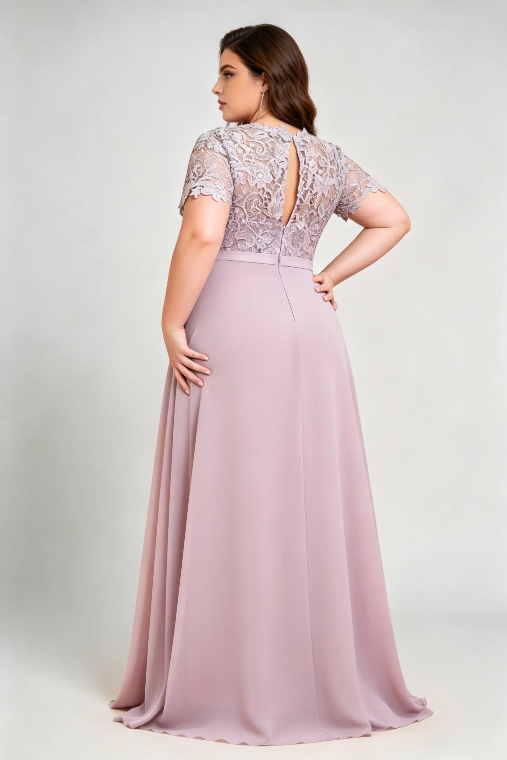 Curvy model wearing plus size purple elegant lace floral chiffon evening gown – mauve a-line formal dress