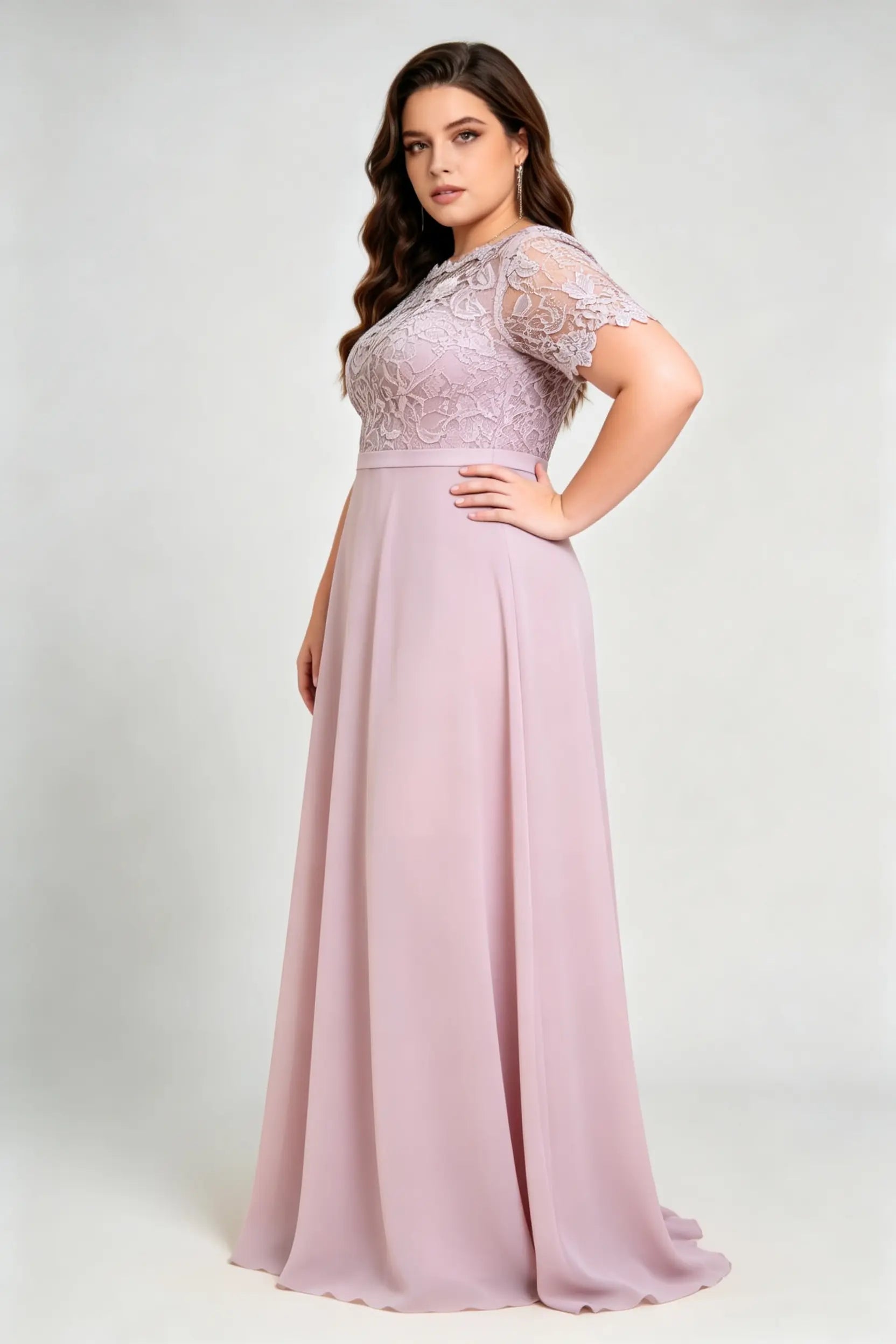 Curvy model wearing plus size purple elegant lace floral chiffon evening gown – mauve a-line formal dress