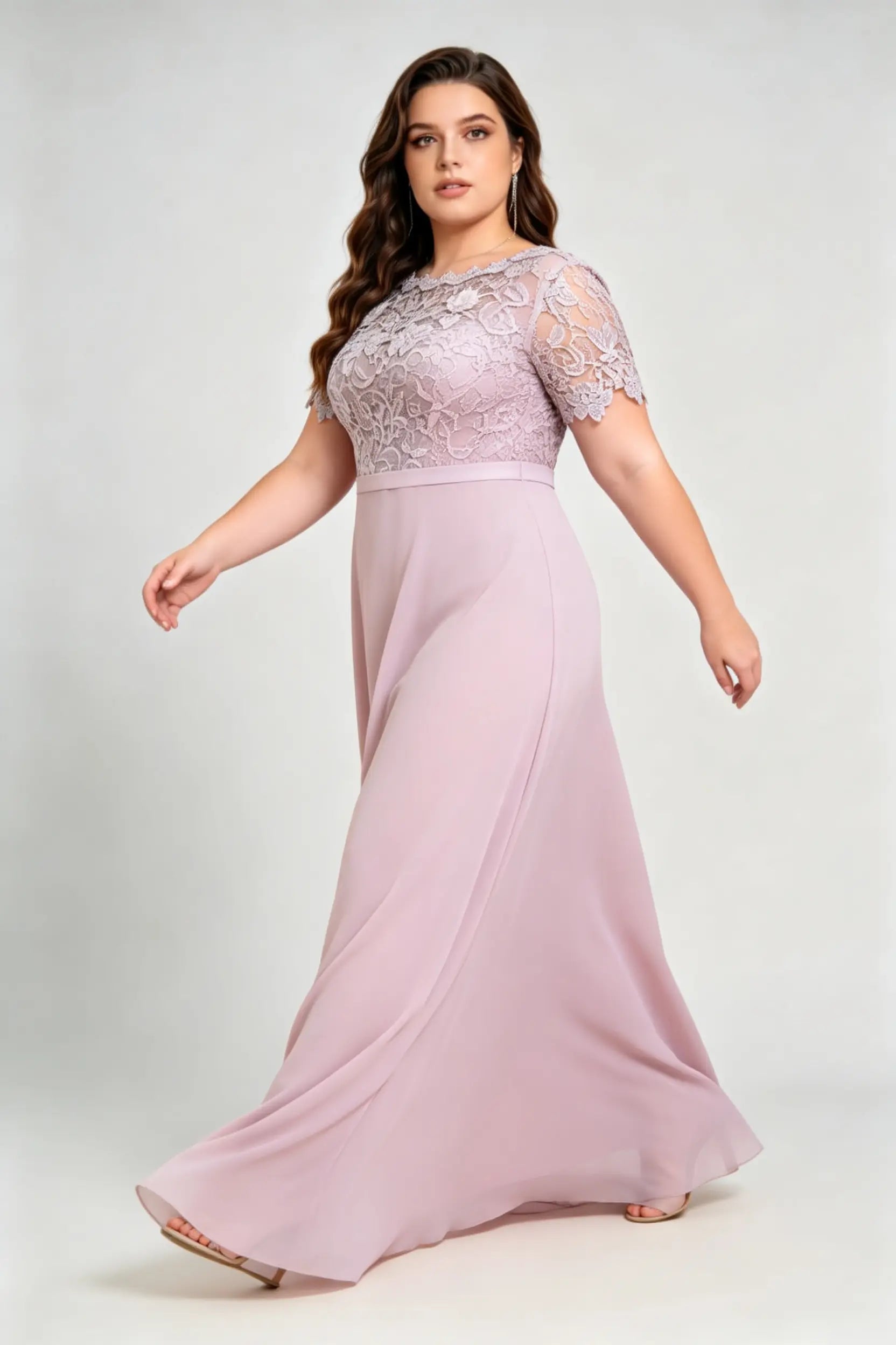 Curvy model wearing plus size purple elegant lace floral chiffon evening gown – mauve a-line formal dress