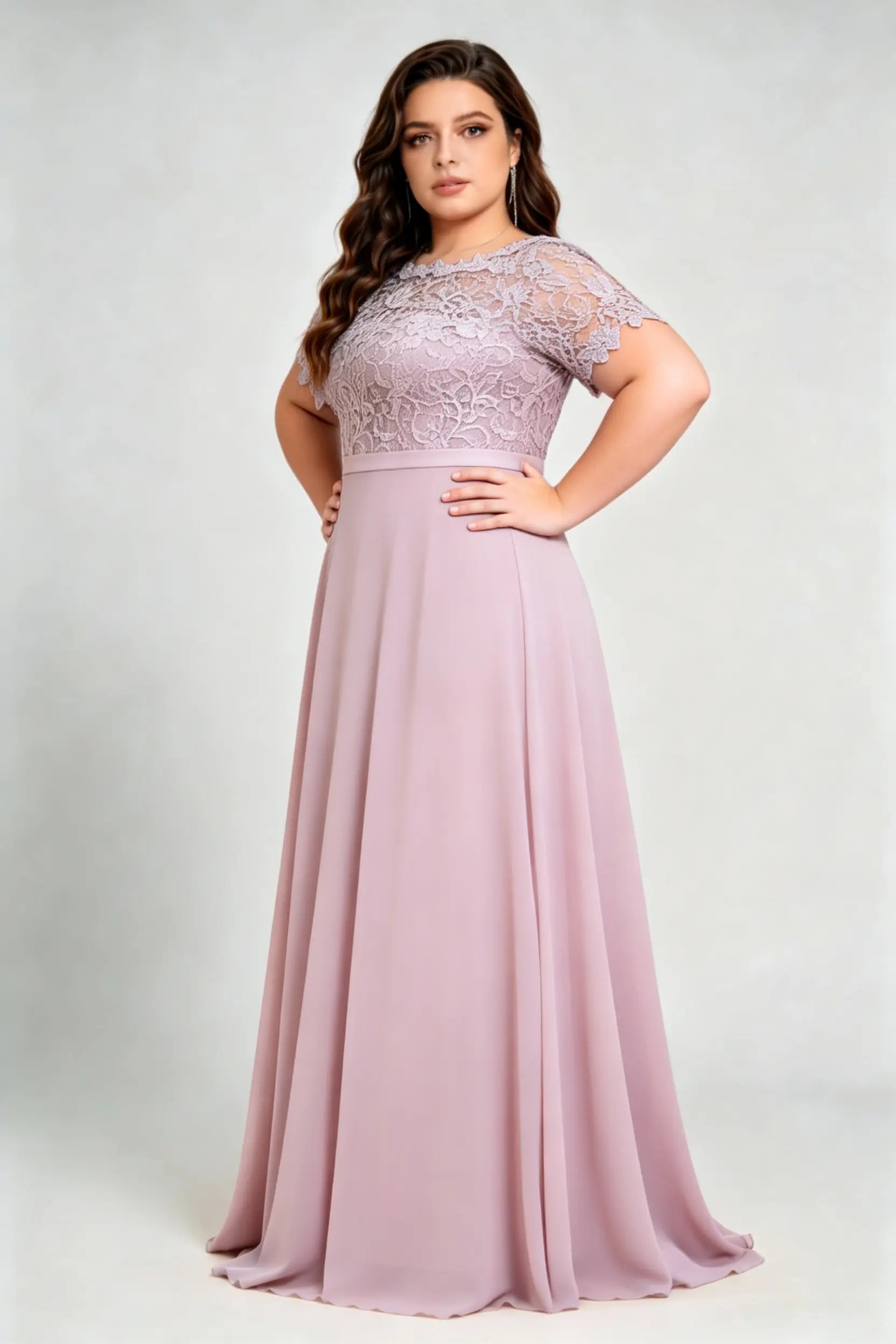 Curvy model wearing plus size purple elegant lace floral chiffon evening gown – mauve a-line formal dress