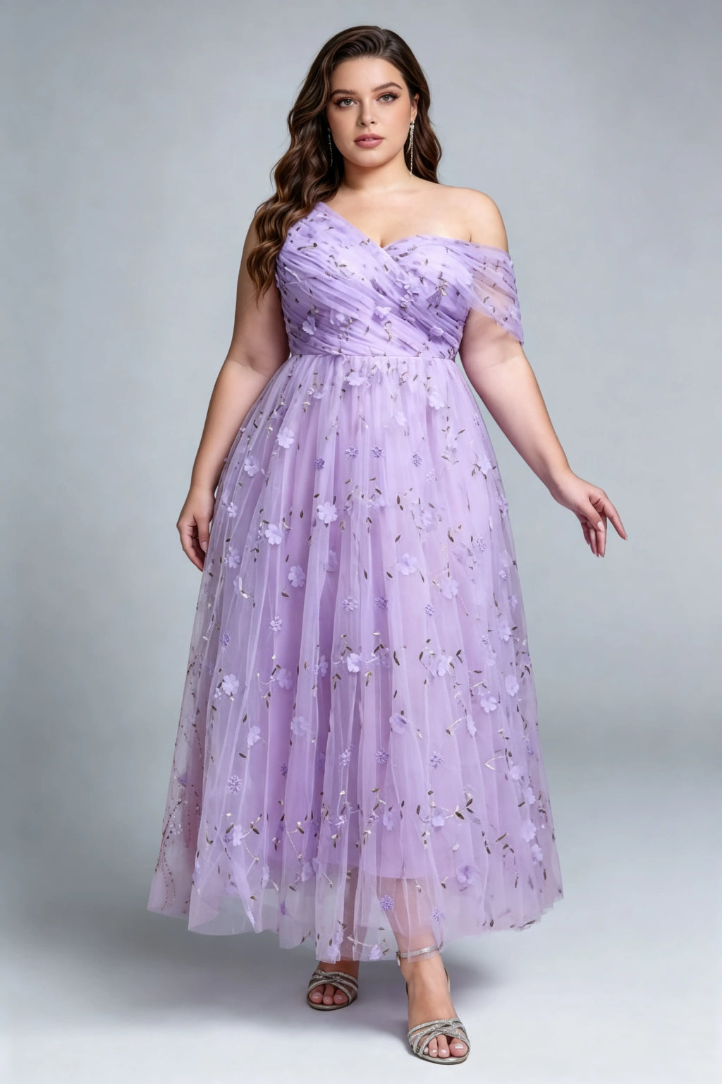 Curvy model wearing plus size purple lavender one-shoulder tulle formal dress – elegant 3d floral embroidery evening gown