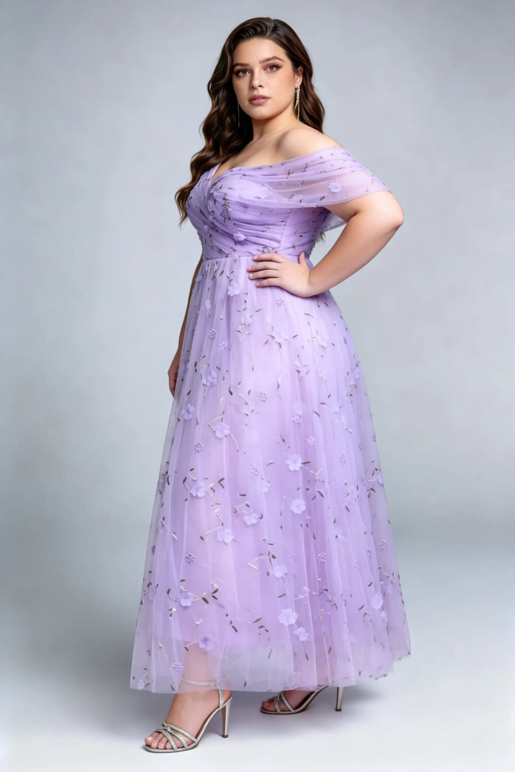 Curvy model wearing plus size purple lavender one-shoulder tulle formal dress – elegant 3d floral embroidery evening gown