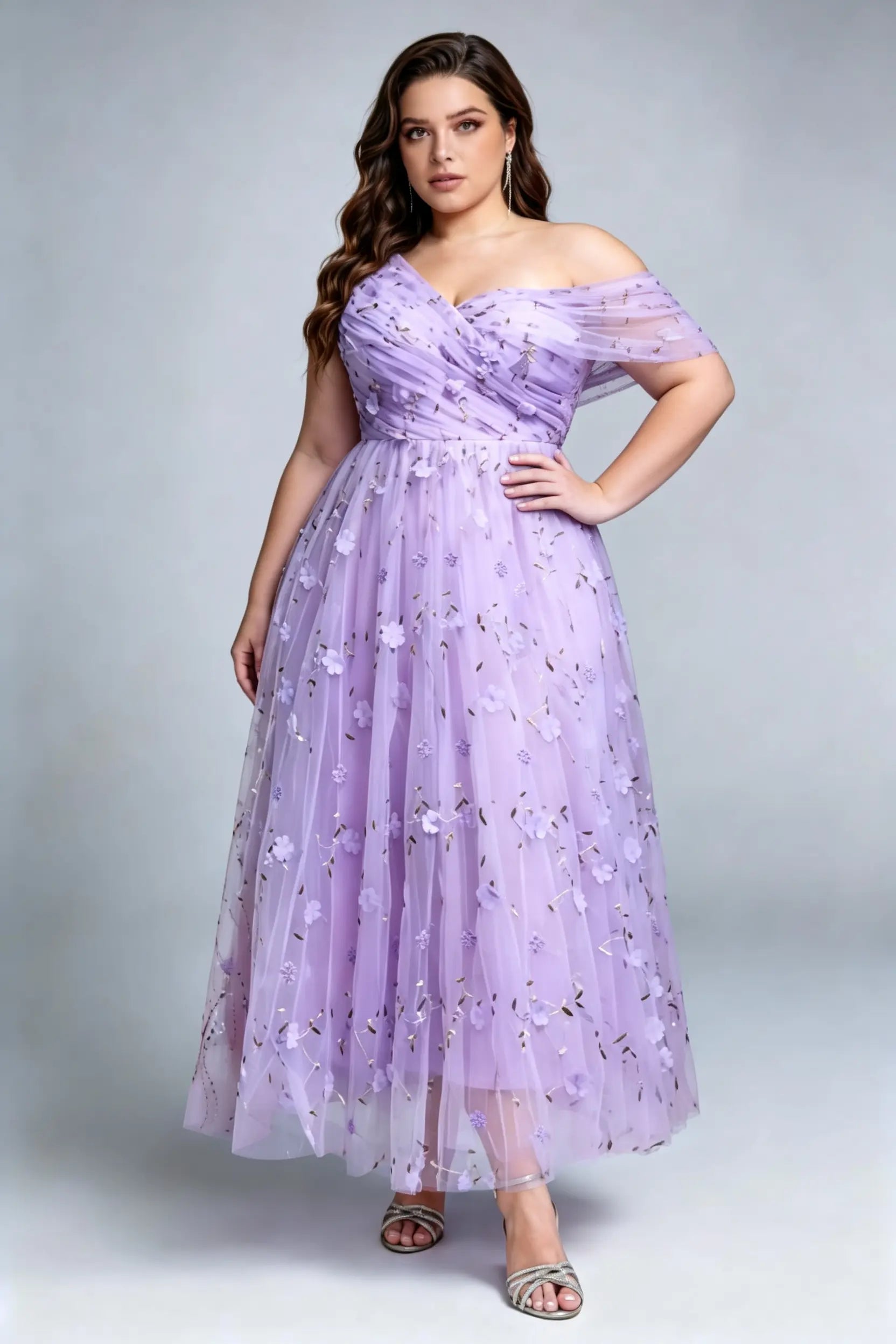 Curvy model wearing plus size purple lavender one-shoulder tulle formal dress – elegant 3d floral embroidery evening gown
