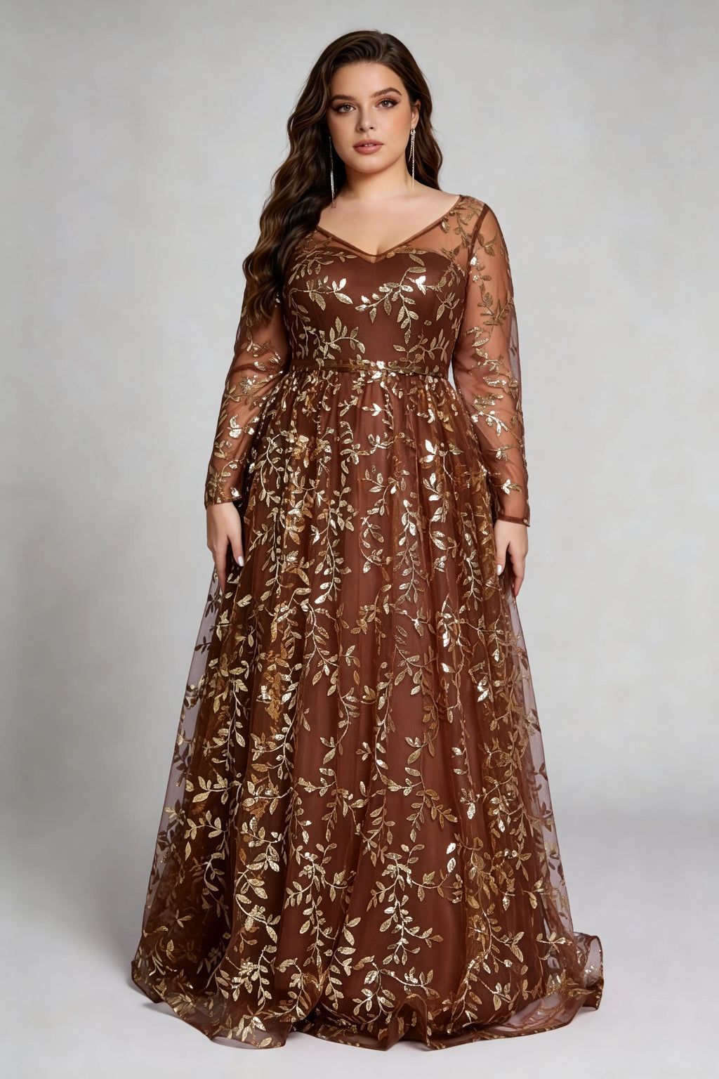 Curvy model wearing plus size coffee brown sequin evening gown – elegant long sleeve floral embroidery chiffon a-line formal dress