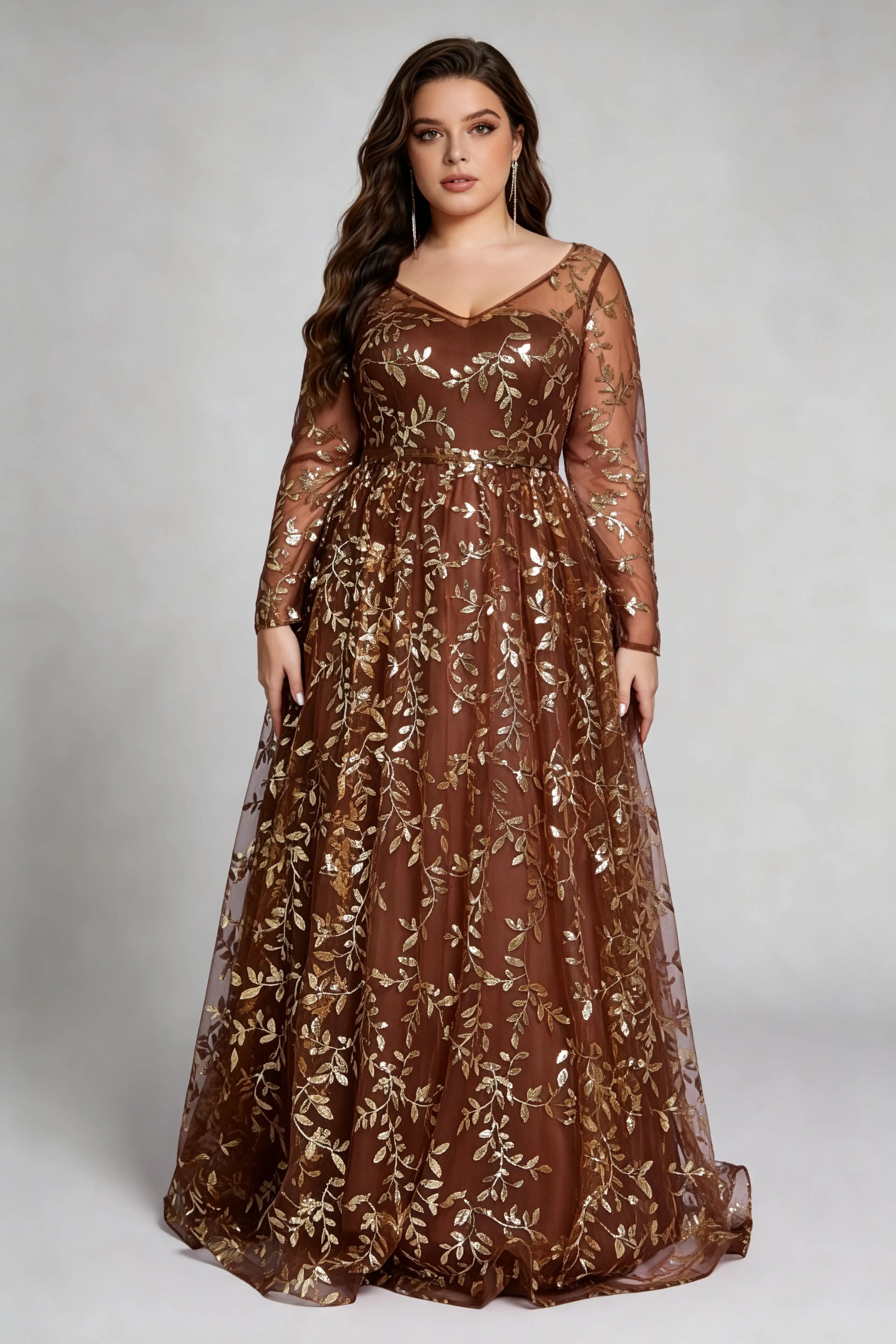 Curvy model wearing plus size coffee brown sequin evening gown – elegant long sleeve floral embroidery chiffon a-line formal dress