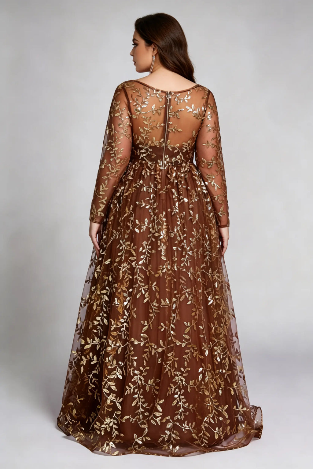 Curvy model wearing plus size coffee brown sequin evening gown – elegant long sleeve floral embroidery chiffon a-line formal dress