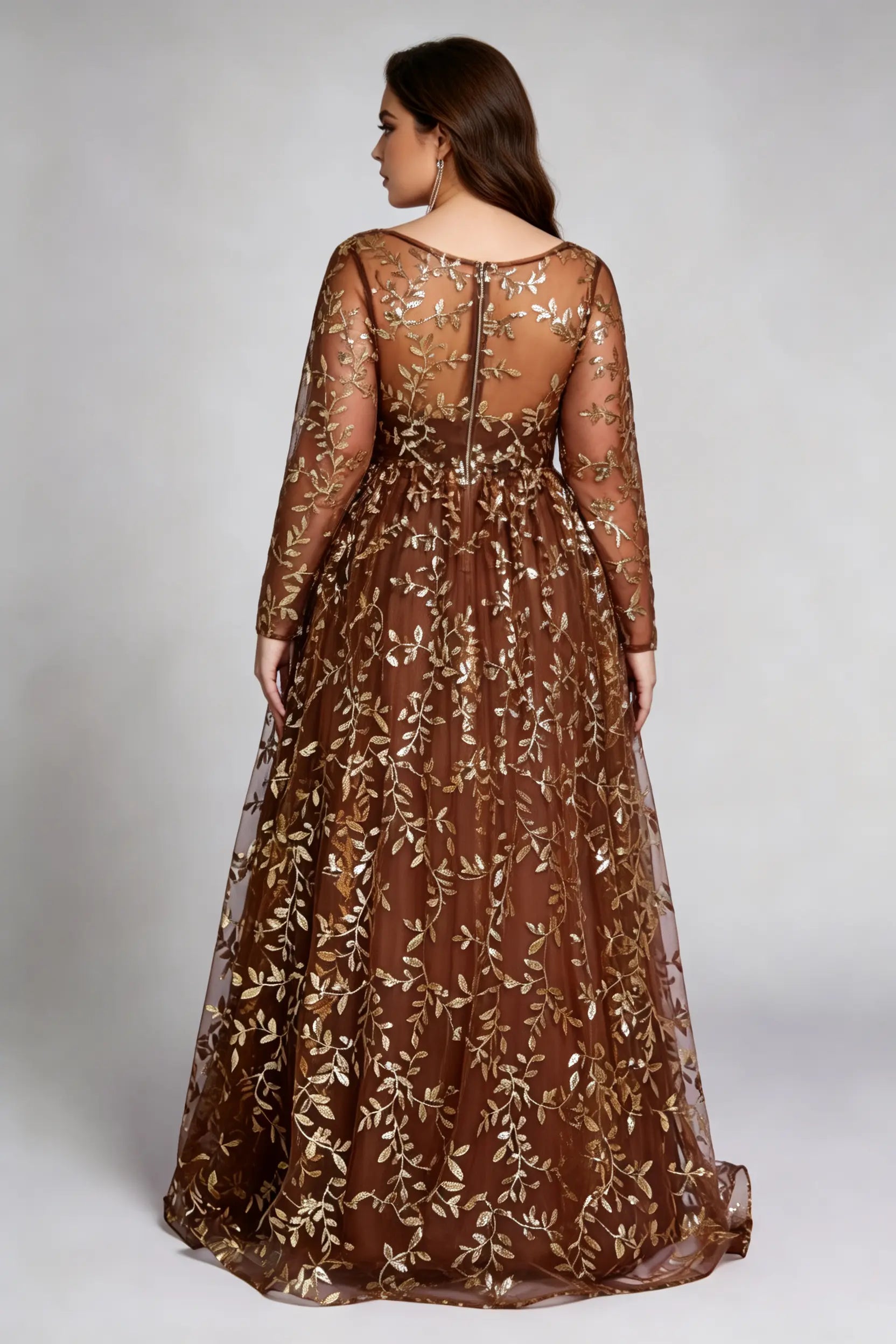 Curvy model wearing plus size coffee brown sequin evening gown – elegant long sleeve floral embroidery chiffon a-line formal dress