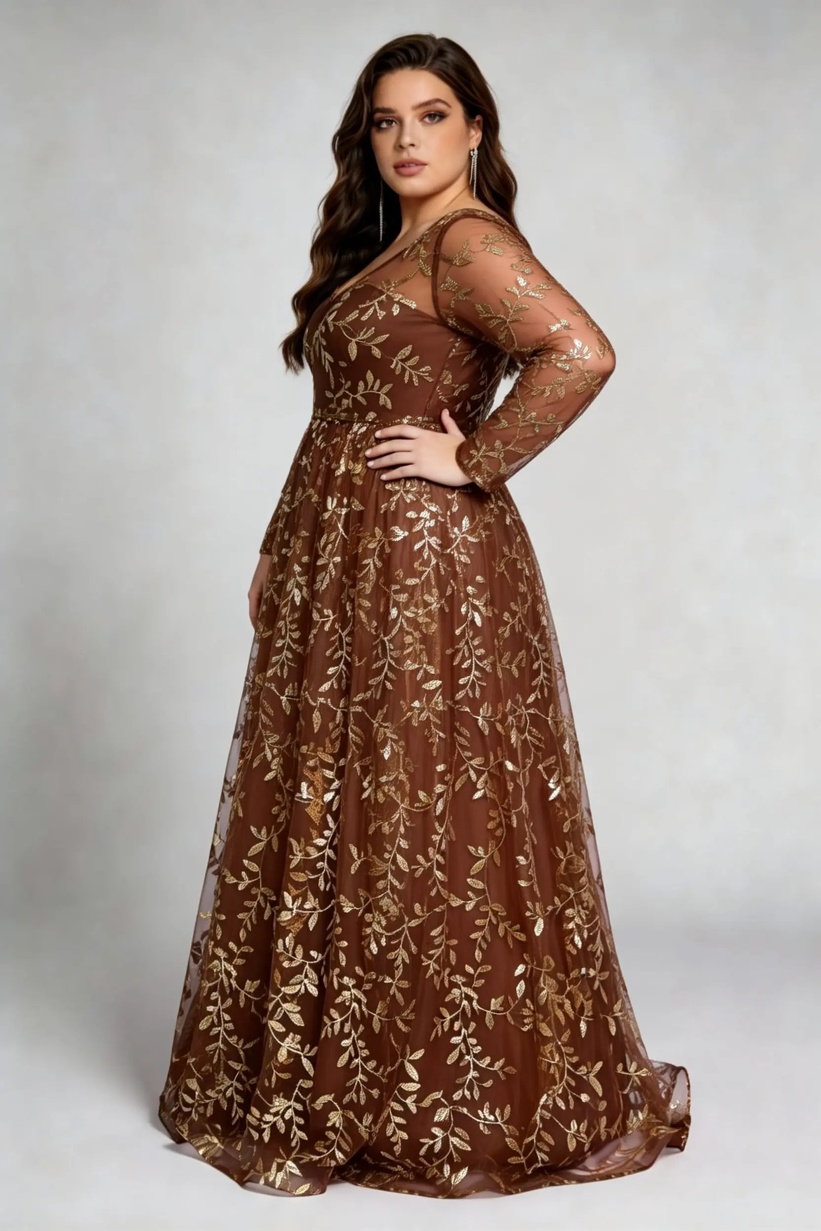 Curvy model wearing plus size coffee brown sequin evening gown – elegant long sleeve floral embroidery chiffon a-line formal dress