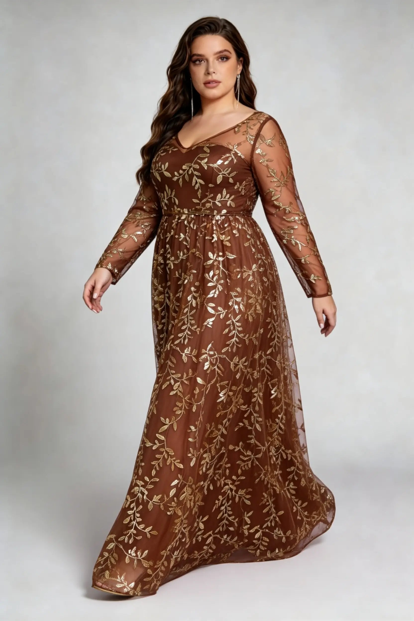 Curvy model wearing plus size coffee brown sequin evening gown – elegant long sleeve floral embroidery chiffon a-line formal dress