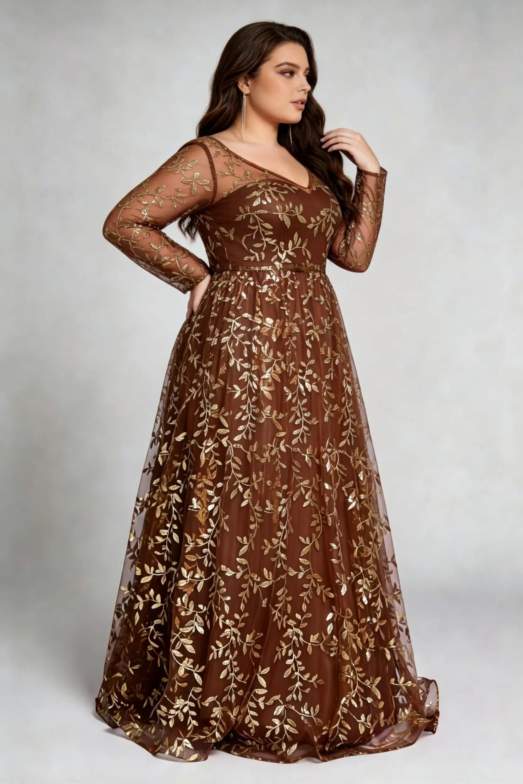 Curvy model wearing plus size coffee brown sequin evening gown – elegant long sleeve floral embroidery chiffon a-line formal dress