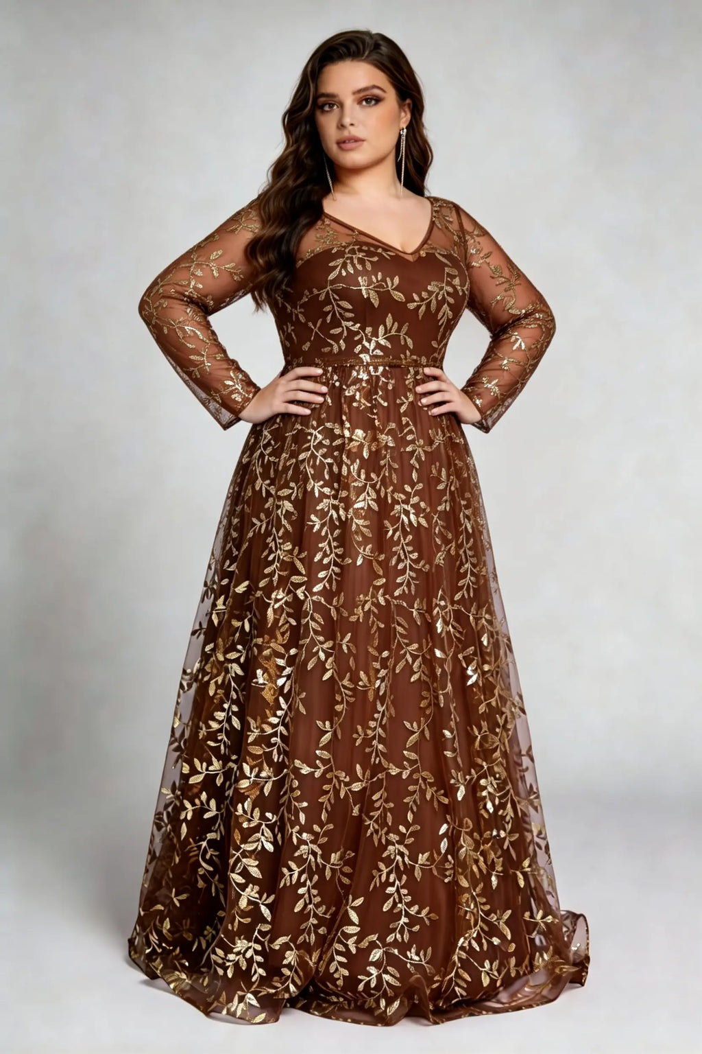 Curvy model wearing plus size coffee brown sequin evening gown – elegant long sleeve floral embroidery chiffon a-line formal dress