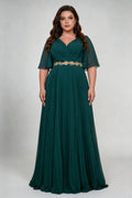 Curvy model wearing plus size dark-green v-neck pleated chiffon evening maxi dress - elegant gold embroidery waist emerald green gown
