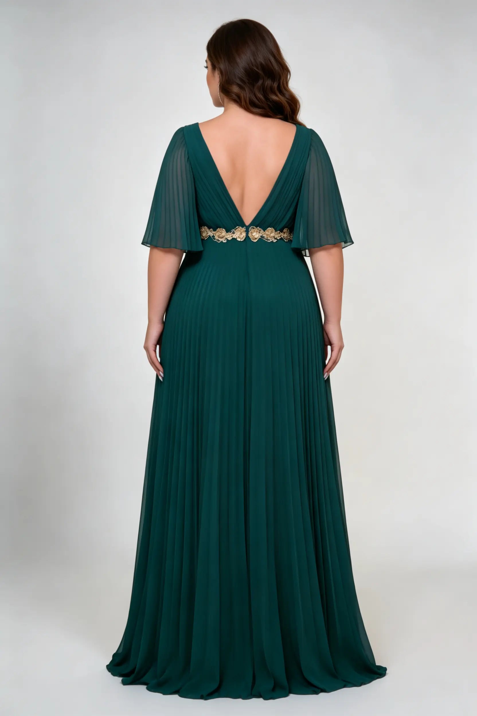 Curvy model wearing plus size dark-green v-neck pleated chiffon evening maxi dress - elegant gold embroidery waist emerald green gown