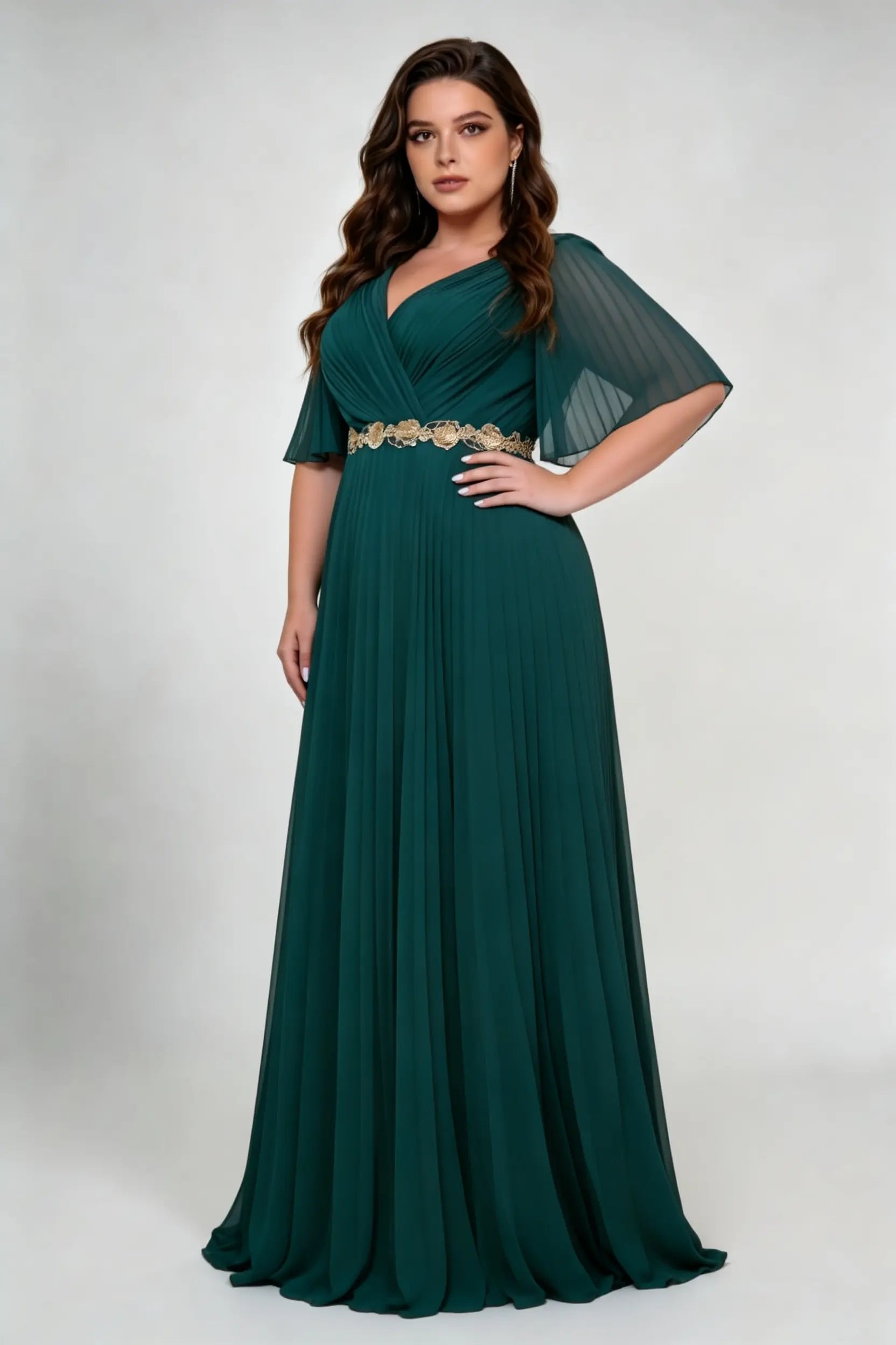 Curvy model wearing plus size dark-green v-neck pleated chiffon evening maxi dress - elegant gold embroidery waist emerald green gown