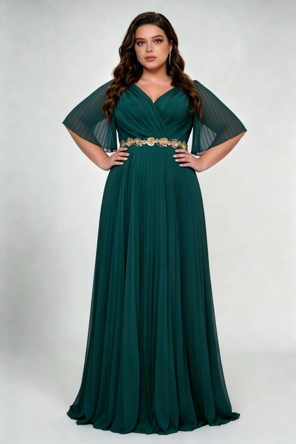 Curvy model wearing plus size dark-green v-neck pleated chiffon evening maxi dress - elegant gold embroidery waist emerald green gown