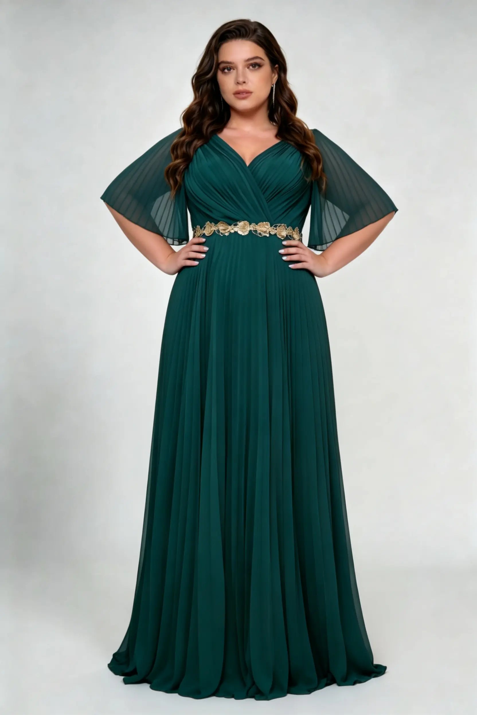 Curvy model wearing plus size dark-green v-neck pleated chiffon evening maxi dress - elegant gold embroidery waist emerald green gown
